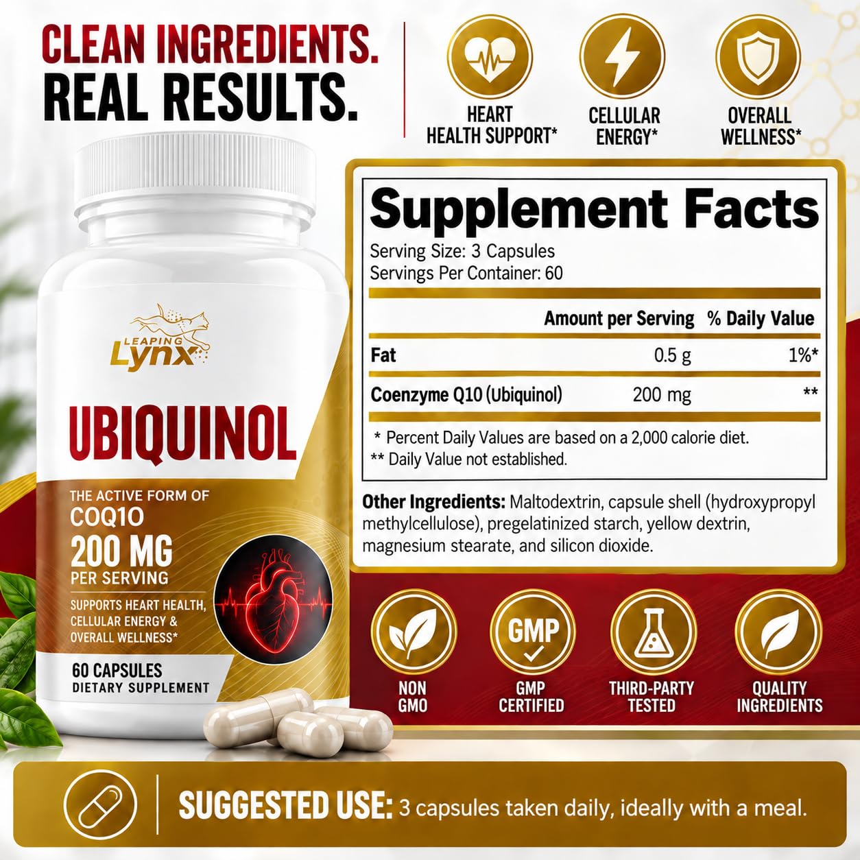 Leaping Lynx Ubiquinol CoQ10 200mg Supplement – Active Coenzyme Q10 for Heart Health, Cellular Energy, Cardiovascular & Antioxidant Support – High Potency CoQ10 Ubiquinol, 60 Capsules — Amazon image 2
