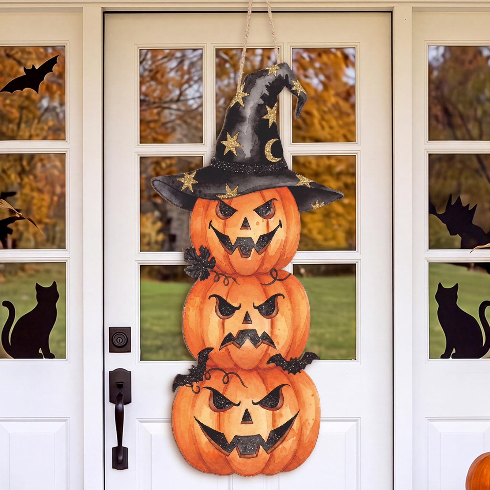 RattanView Vintage Pumpkin Door Hanger, Rustic Halloween Wood Sign