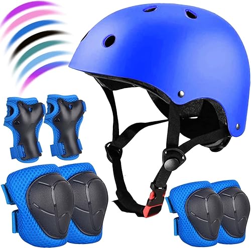 Miniatura 1 de Juego de casco de bicicleta para niños con rodilleras, coderas, muñequeras, casco ajustable para niños pequeños y jóvenes, 3 a 14 años, equipo de