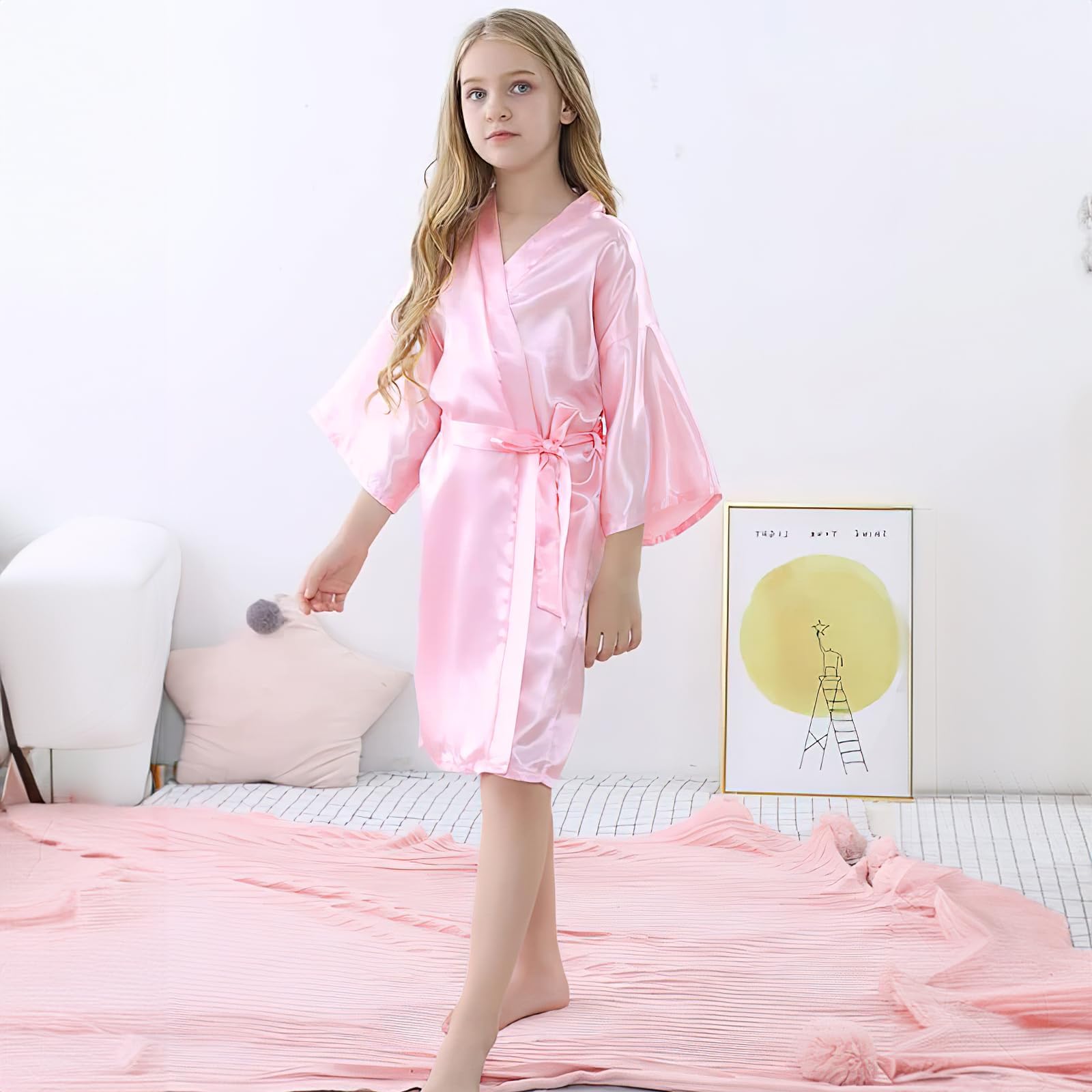 7 pièces Robes d'anniversaire pour filles, Robes de fête au spa pour princesses, Robe en kimono en satin pour filles et femmes, Rose, 8 ans