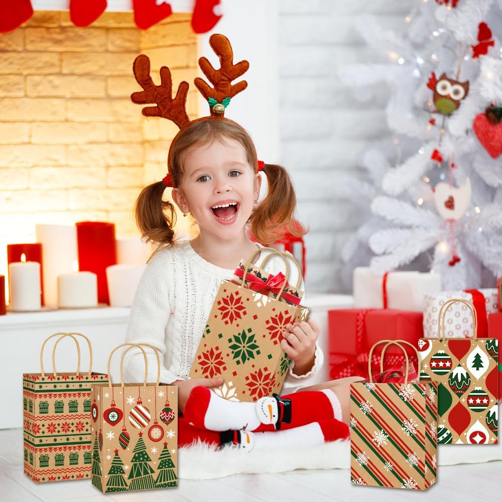 Vellibring 24pcs Christmas Kraft Gift Bags,Xmas Paper Bags with Handle Goody Bags Medium Xmas Assorted Paper Christmas Prints Bags for Holiday Party Decor Favors Supplies - Image 5