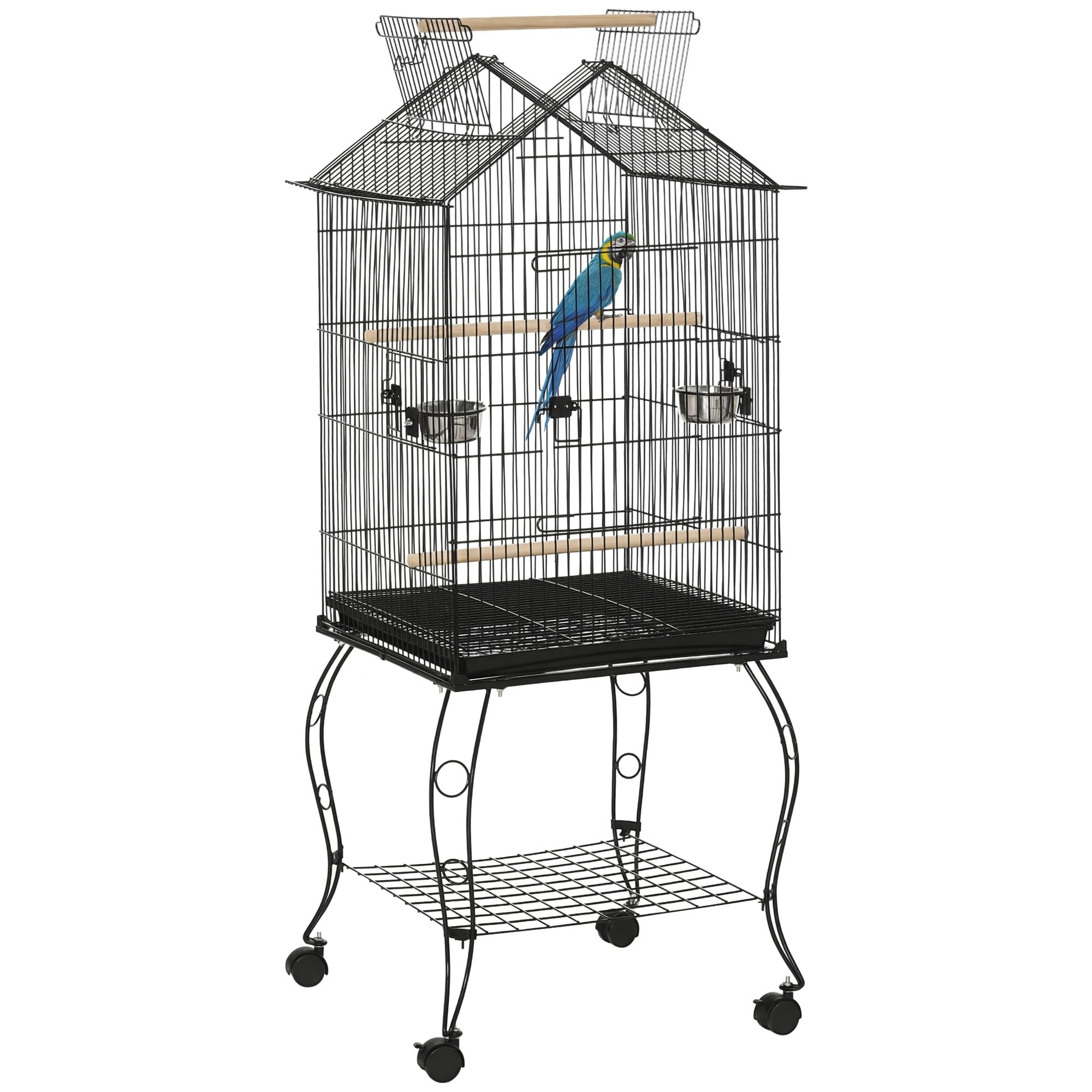 PawHut Jaula para Pájaros con 3 Puertas 2 Comederos 50x58x145 cm Negro | Pajarera Metálica, 3 Perchas, Bandeja Extraíble, Estante Abierto, 4 Ruedas, para Canarios Periquitos