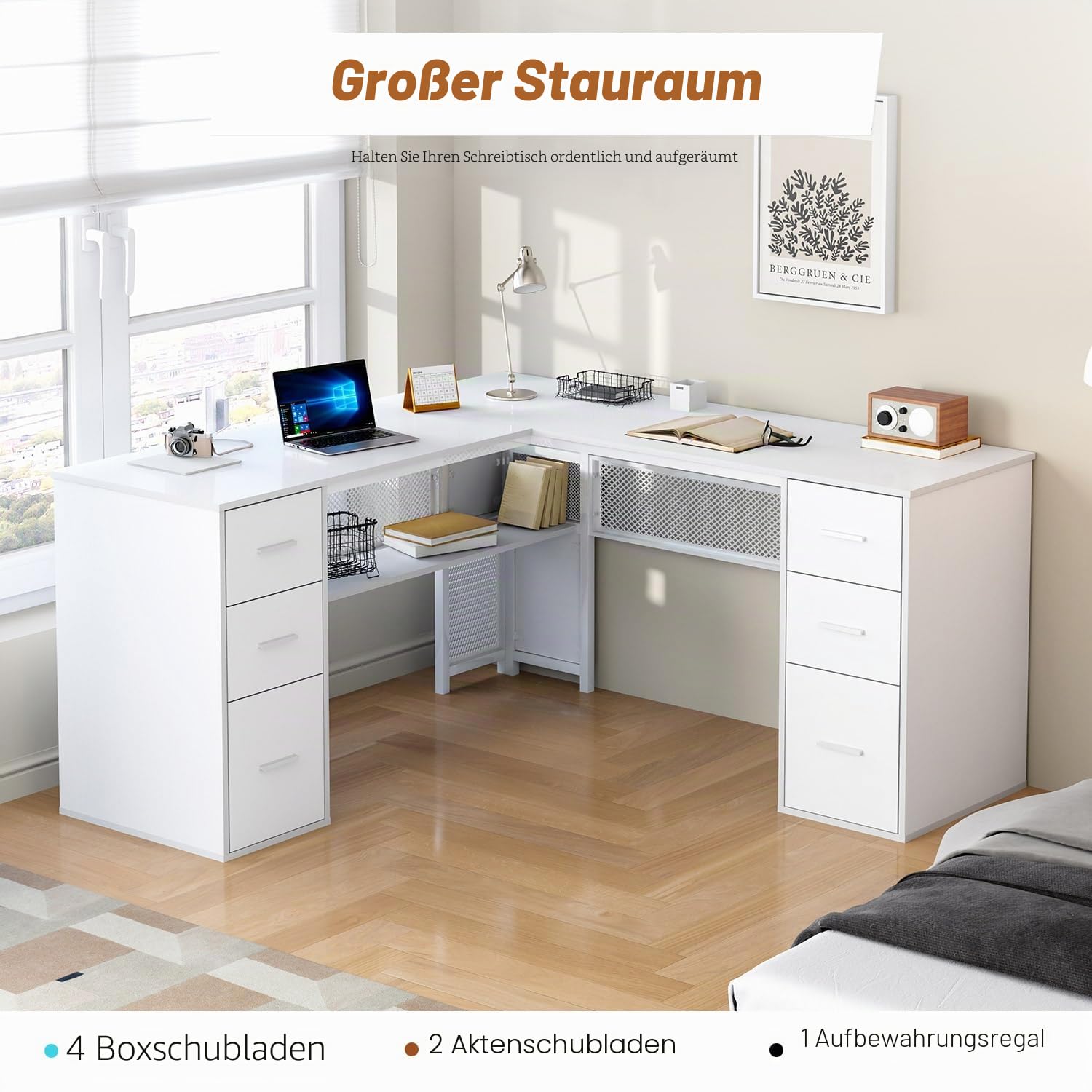 HSH Schreibtisch L mit Schubladen Eckschreibtisch für Homeoffice Computertisch mit Stauraum und Schrank Moderner Schreibtische mit Metall und Holz für Arbeitszimmer Weiß 150 cm
