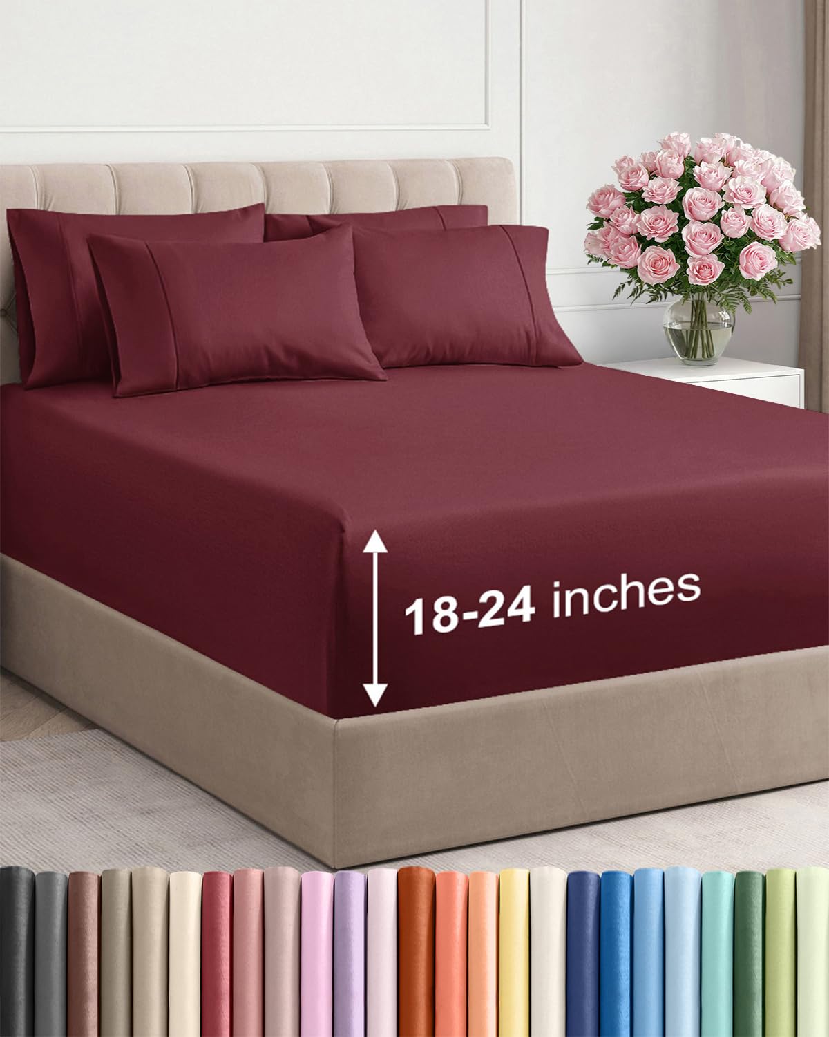 extra deep king sheet set - 6 piece breathable and cooling sheets - hotel luxury bedding for women, men, kids & teens - easy & secure fit - soft, wrinkle free and comfy - extra deep pockets - burgundy