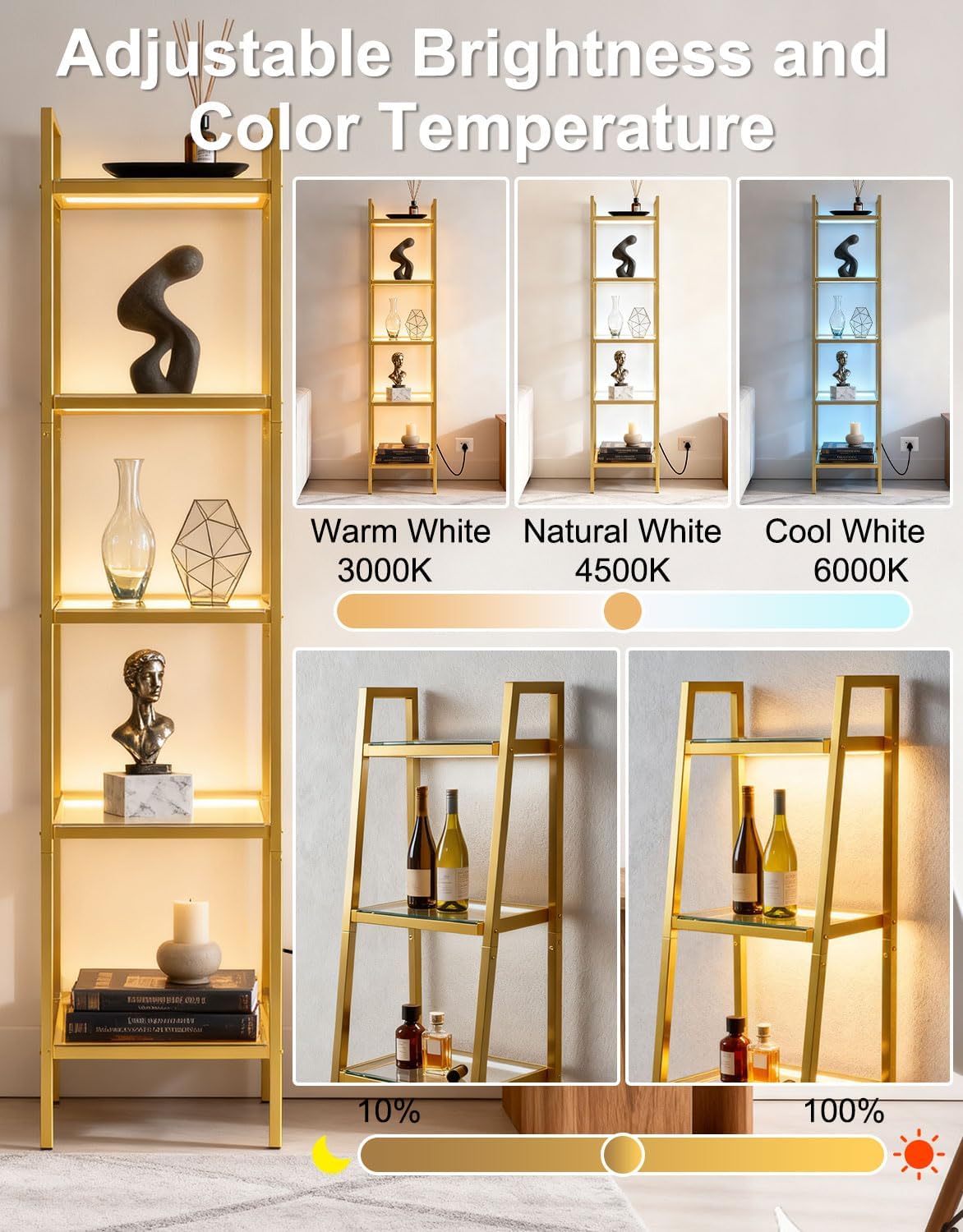 5-Tier Glass Display Shelf with RGB Light, 67" Ladder Bookshelf, Music Sync & 3 CCT, Dimmable App/Remote, Modern Freestanding Corner Storage Rack, Metal Organizer for Living Room Home Office, Gold