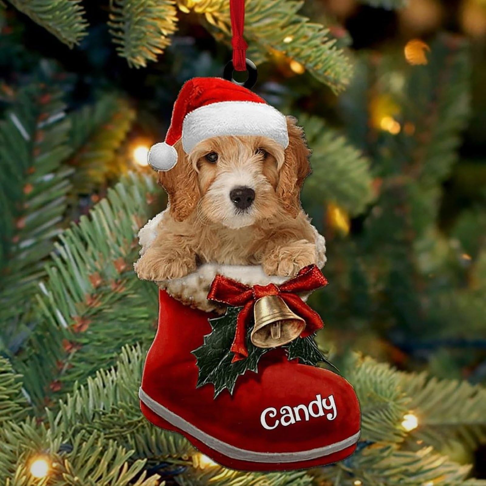 Luckluccy Cavapoo Personalized Christmas Ornament,Custom Dog In Santa Boot, Acrylic Shape