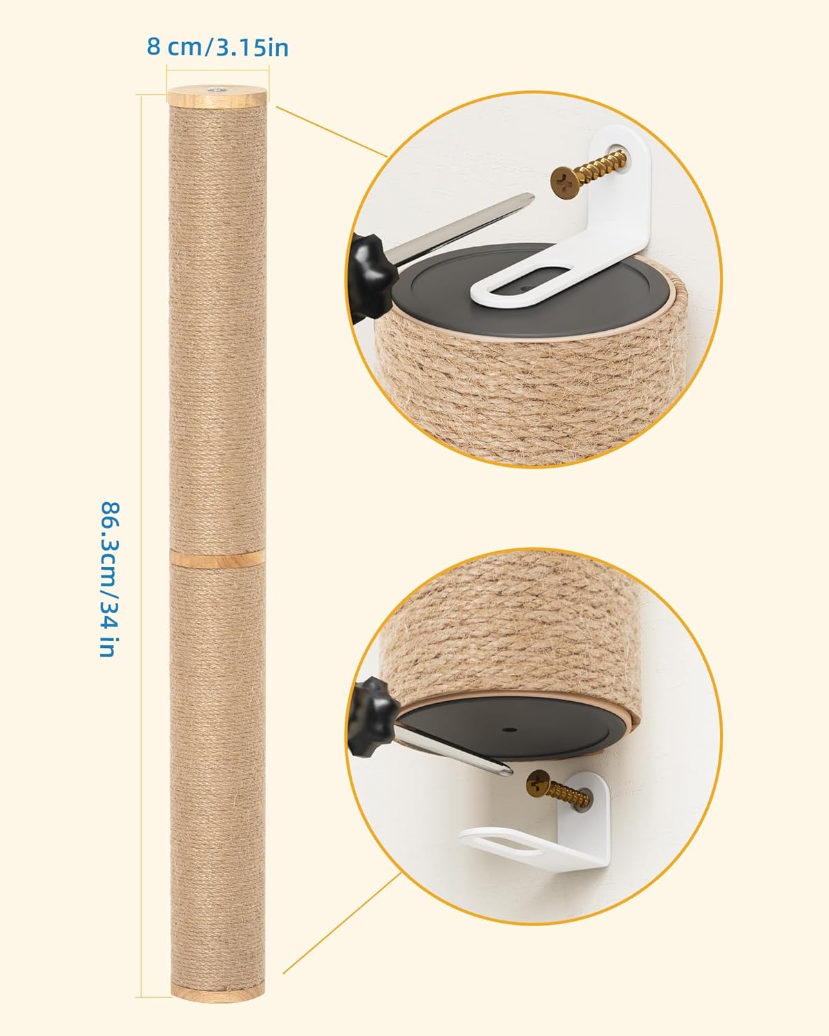 34" Cat Scratching Post on Wall for Large Cats, Wall Mounted Wood Cat Scratcher Furniture for Indoor Cats, Tall and Sturdy Corner Climbing Pole