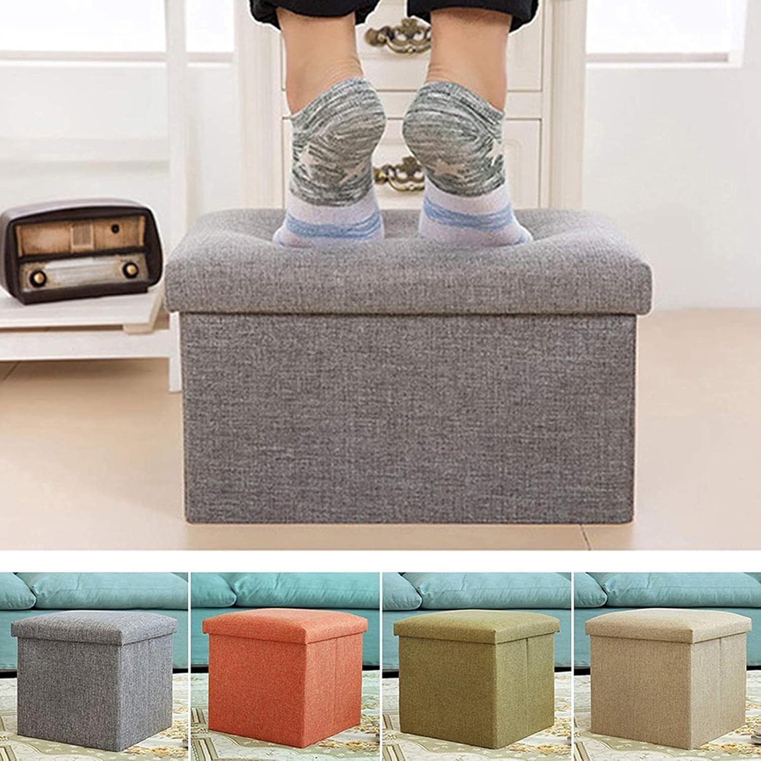 フットレスト収納シート、キューブフットレストコーヒーテーブルスツールリネンスクエア布張りフットスツールベンチ