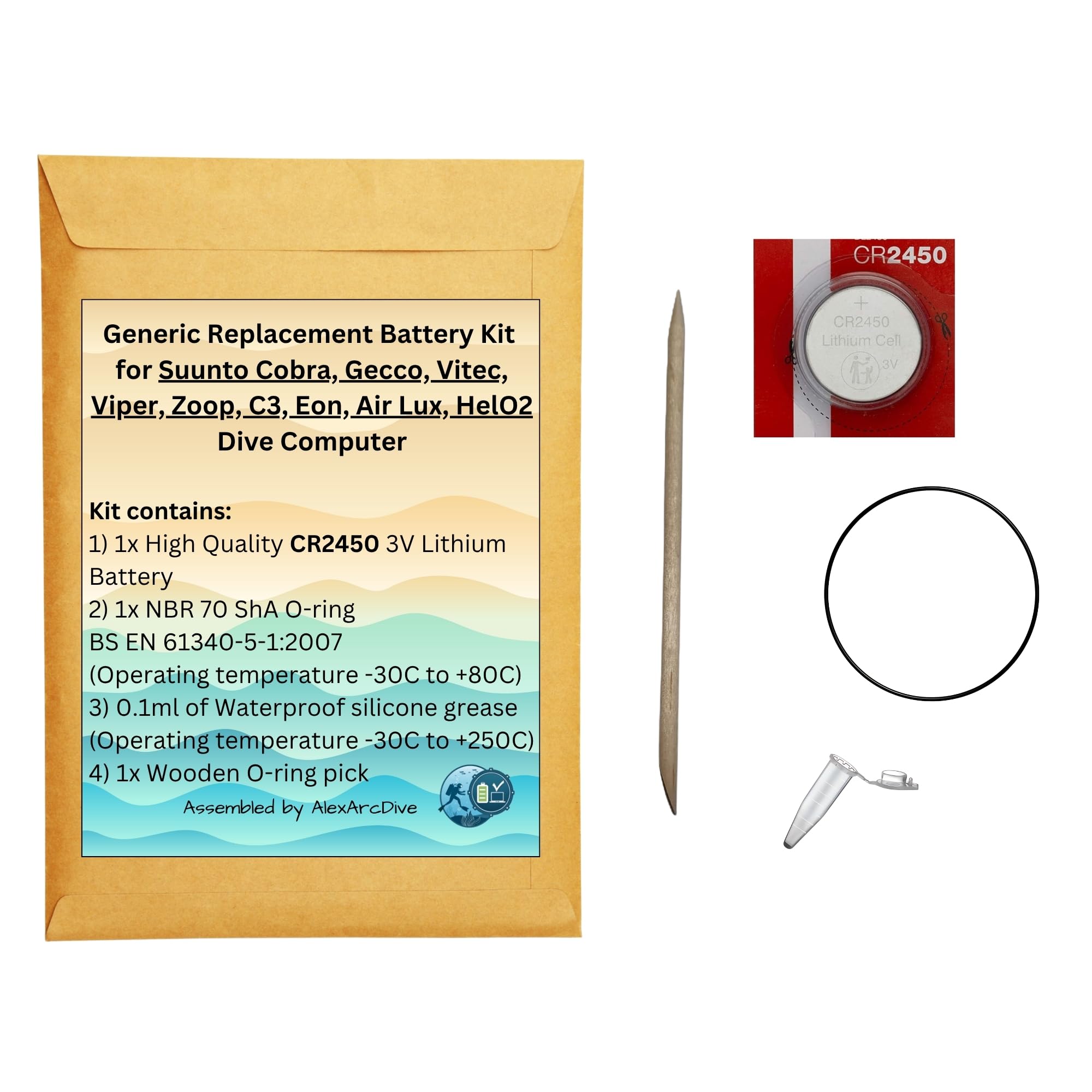 Generic Replacement Battery Kit for Suunto Cobra, Gecco, Vitec, Viper, Zoop, C3, Eon, Air Lux, HelO2 Dive Computer, Spare Service Set, assembled by Alex Arc Dive