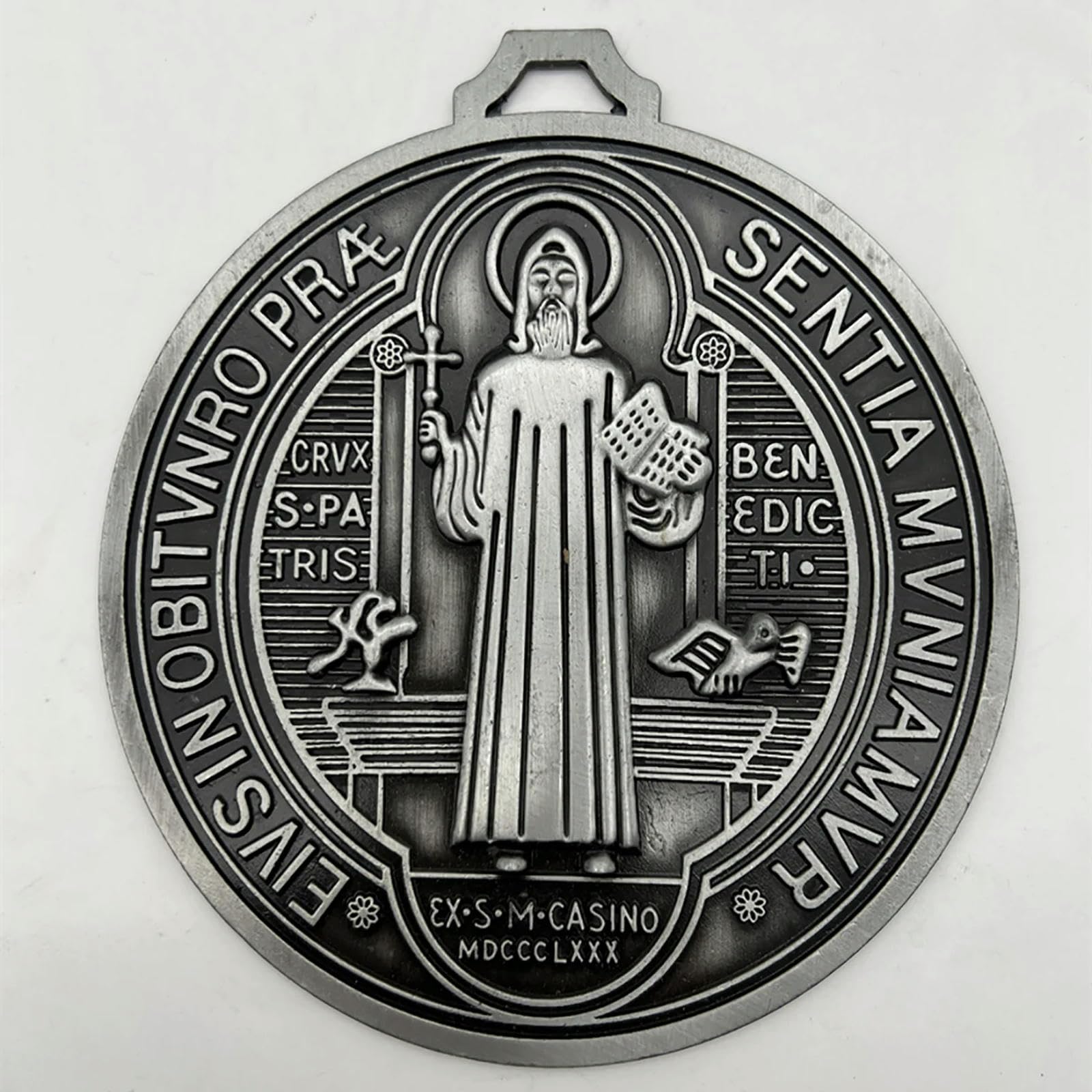 Clxlyu Silver Plated Extra Large 5 Inch St Benedict Cross Medal Vintage Brass Tone Finish For Wall Or Desk Display/Medalla De San Benito