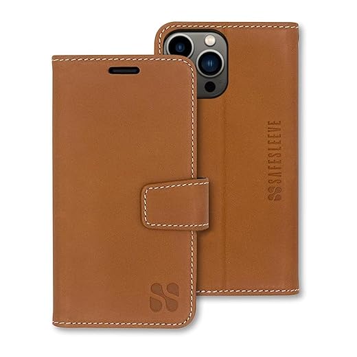 SafeSleeve Wallet Leather Case for iPhone 16 Pro EMF Blocker for Cell Phone with 3 Card Holder & Adjustable Stand – Magnetic Closure, and Magnetic Folio Protection for Daily Use (Leather)