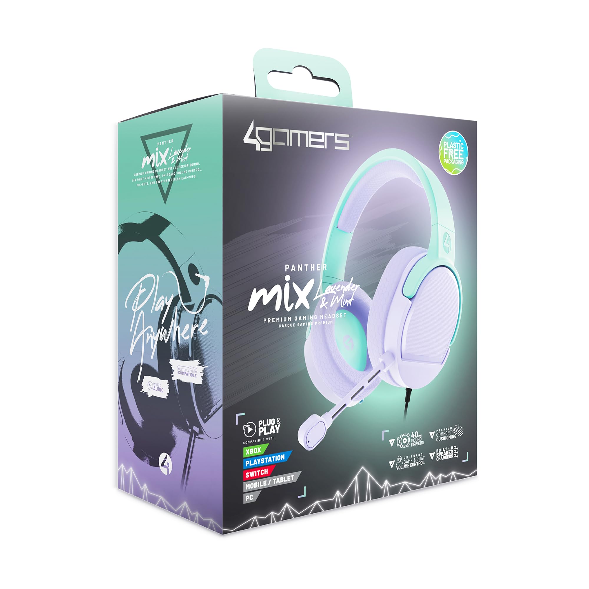 4Gamers Panther Mix – Auriculares para videojuegos, compatibles con PS4, PS5, Xbox, Switch y PC, color menta y lavanda