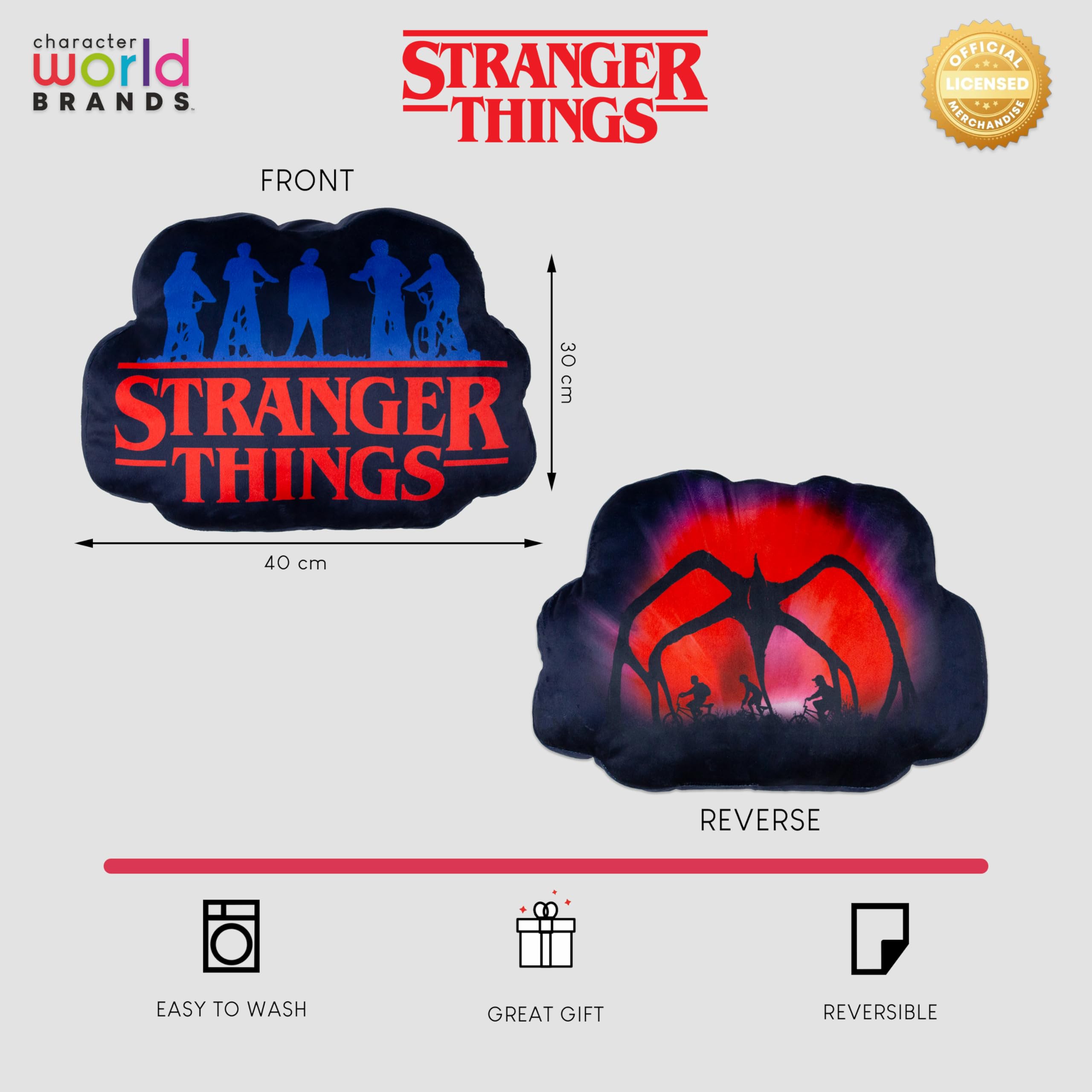 Stranger Things Character World - Cuscino con licenza ufficiale, super morbido, reversibile, 2 lati, design con fiamme, perfetto per qualsiasi camera da letto, divano o letto, 30 x 40 cm