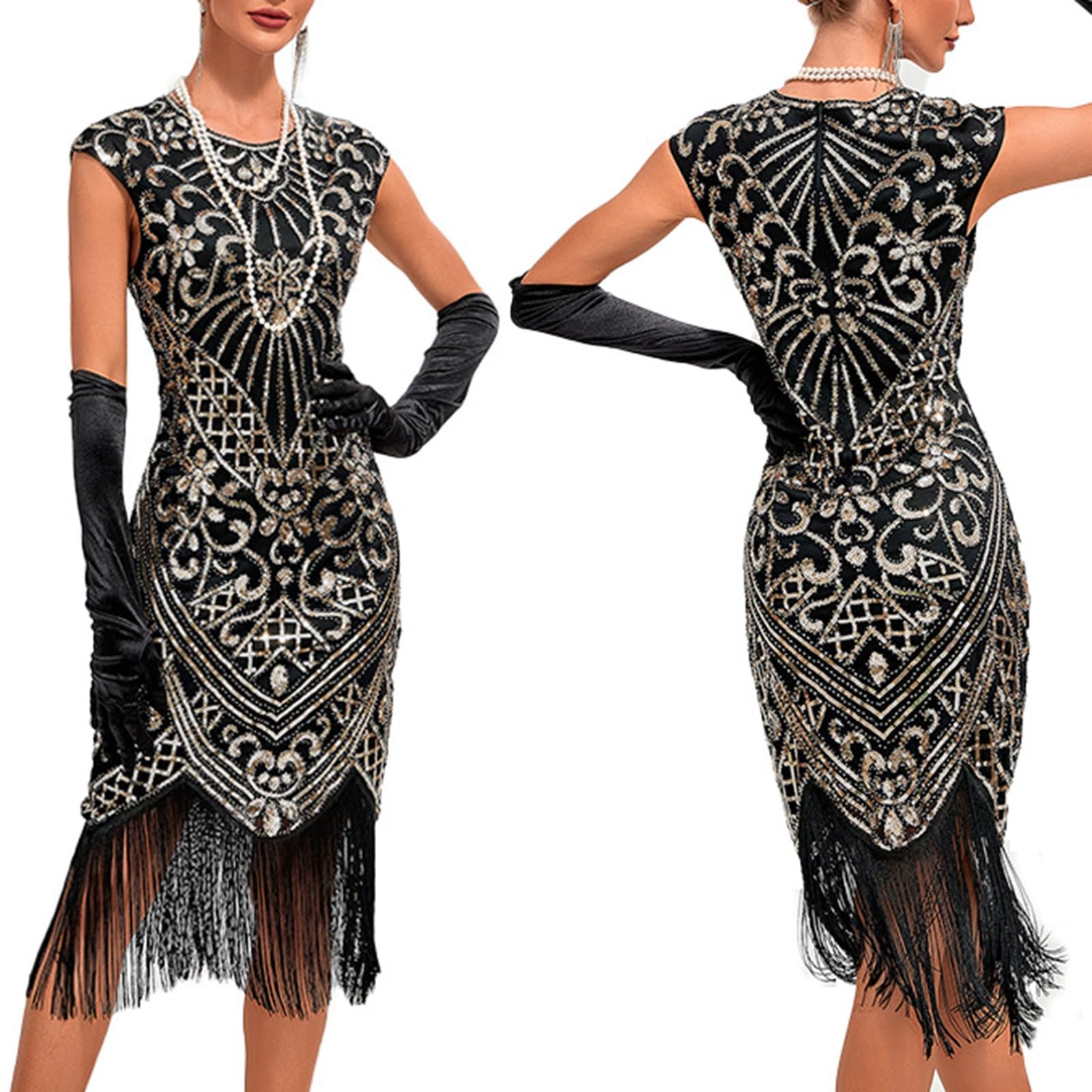 Vestido Flapper de los Años 20 para Formal con Lentejuelas y Dobladillo con Borlas Elegante