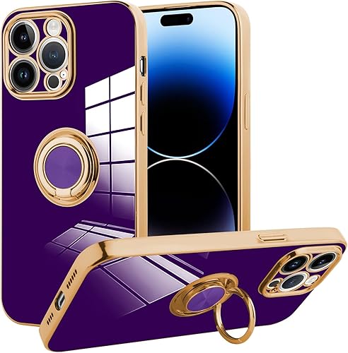 Miniatura 1 de OOK Funda para iPhone 14 Pro para mujeres y hombres, borde chapado en oro de 360, soporte de anillo delgado, suave y flexible, funda protectora de