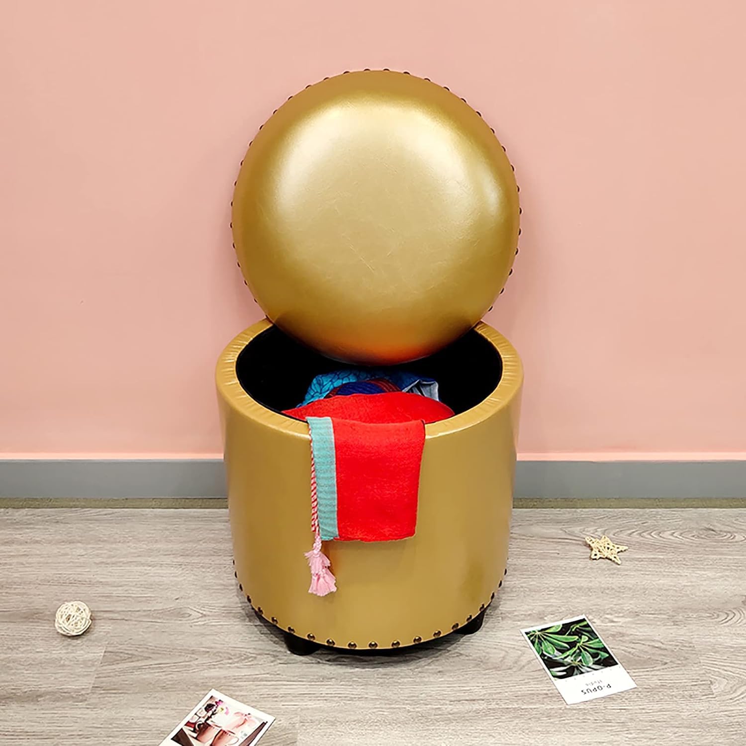 Tabouret à langer pour entrée en similicuir, pouf de rangement coffre rond pour salon