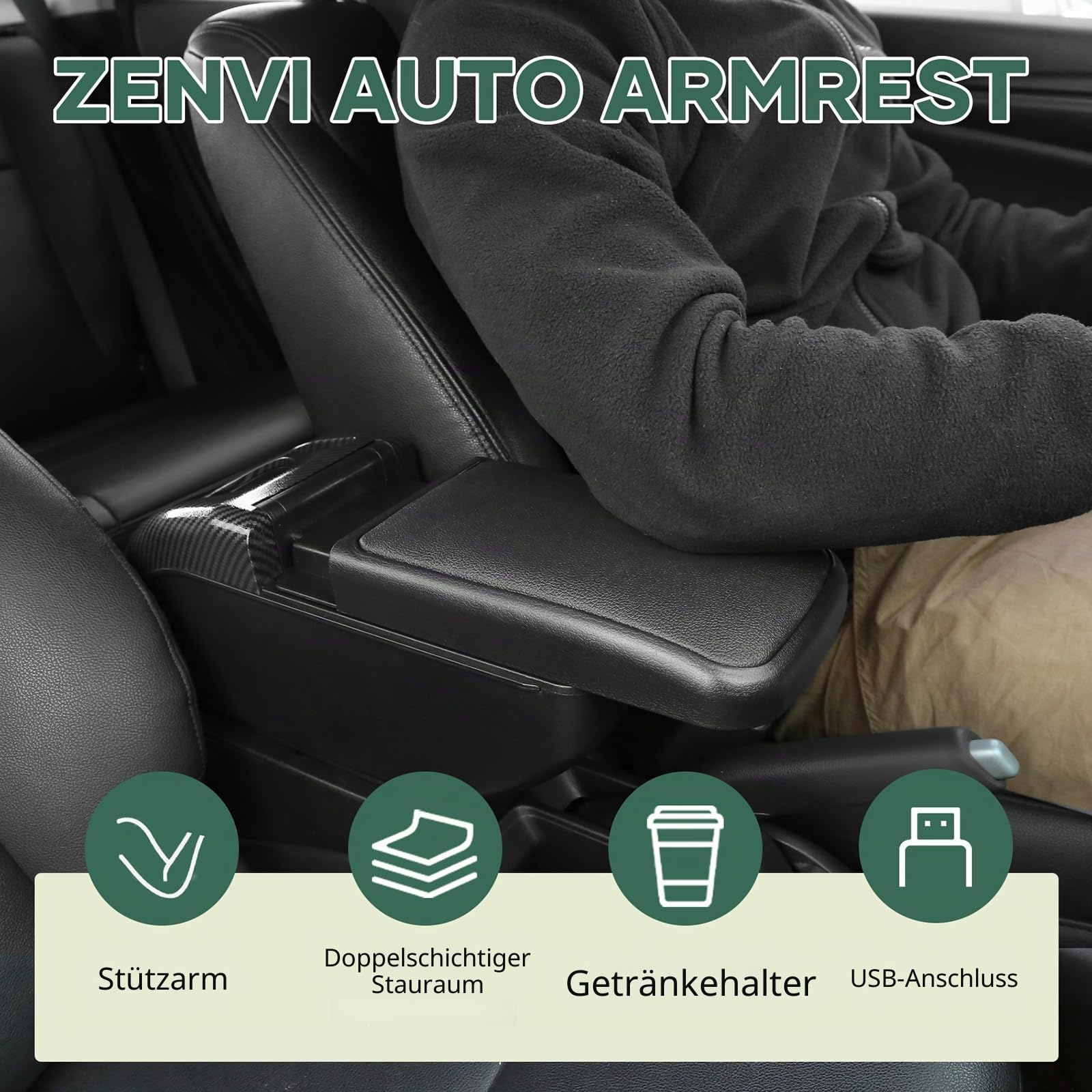 ZENVI Compatible with Volkswagen VW Polo Armlehnen 2010-2018 | Schwarzer Stil,Verwendbar als Ellbogenstütze,MittelArmlehnen,Mittelkonsolen Veranstalter Armlehnen,Doppelter Stauraum