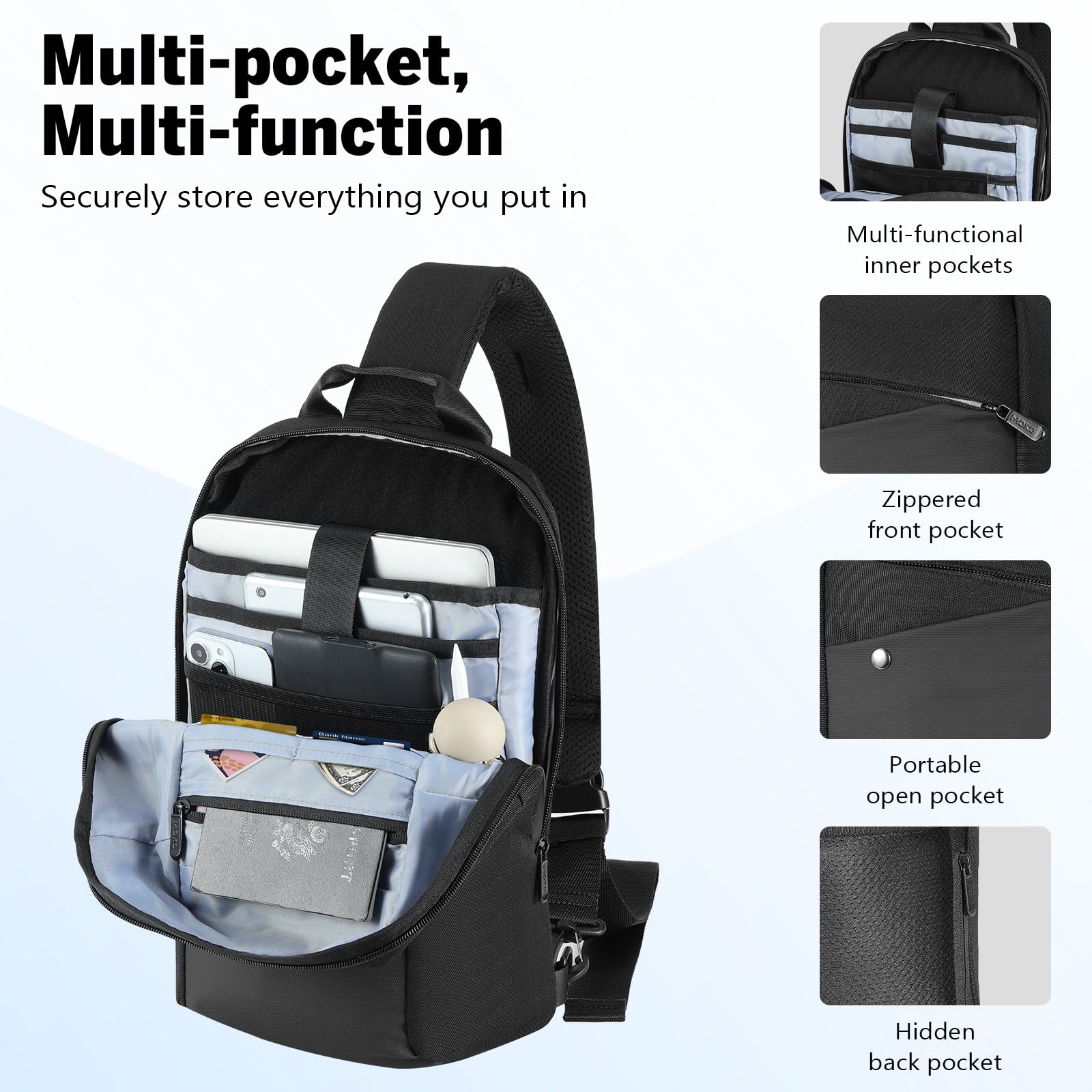 MoKo Compact EDC Sling Bag for New 13-inch iPad Pro M4 & Air M2 2024, Minimalist Chest Shoulder Crossbody Bag for Commute Daily Use, Single Strap Small Daypack for 13" MacBook Air M3/Pro, Black