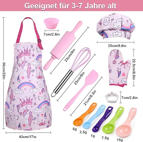 Miniatura 4 de Anpro Juego completo de cocina y horneado para niños, 27 piezas, incluye delantales para niñas, sombrero de chef, guante y utensilio para