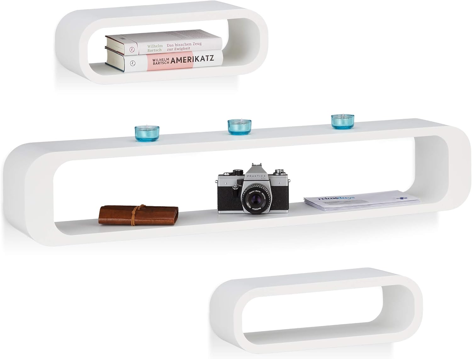 Relaxdays Oblong Wall Shelves Set of 3, Decorative Bookcases, 10 kg