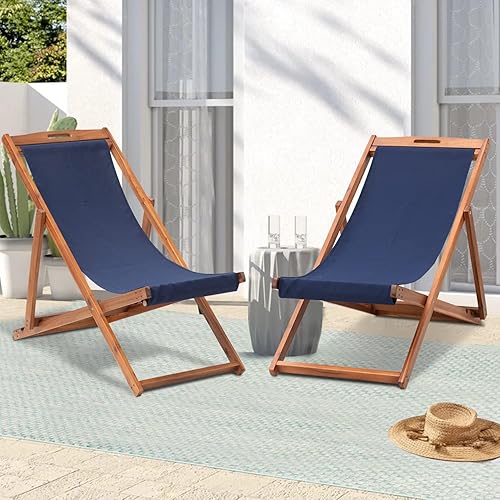 Juego de 2 sillas reclinables plegables ajustables con lona de poliéster, muebles de patio de madera maciza, color azul