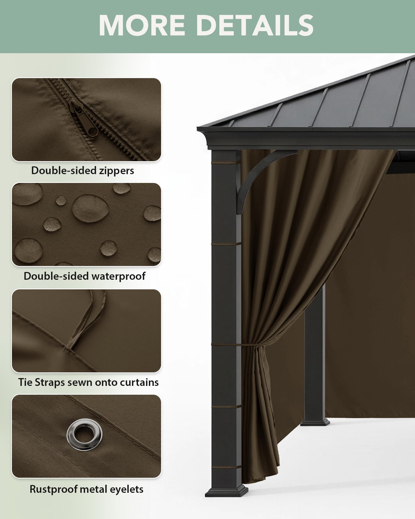 Condition photo showing New/Like New for gazebo curtains outdoor waterproof - 10'wx10'lx7'h weatherproof patio pergola outside curtains, gazebo universal replacement privacy curtains, 4 panels sidewall drapes with zipper, brown