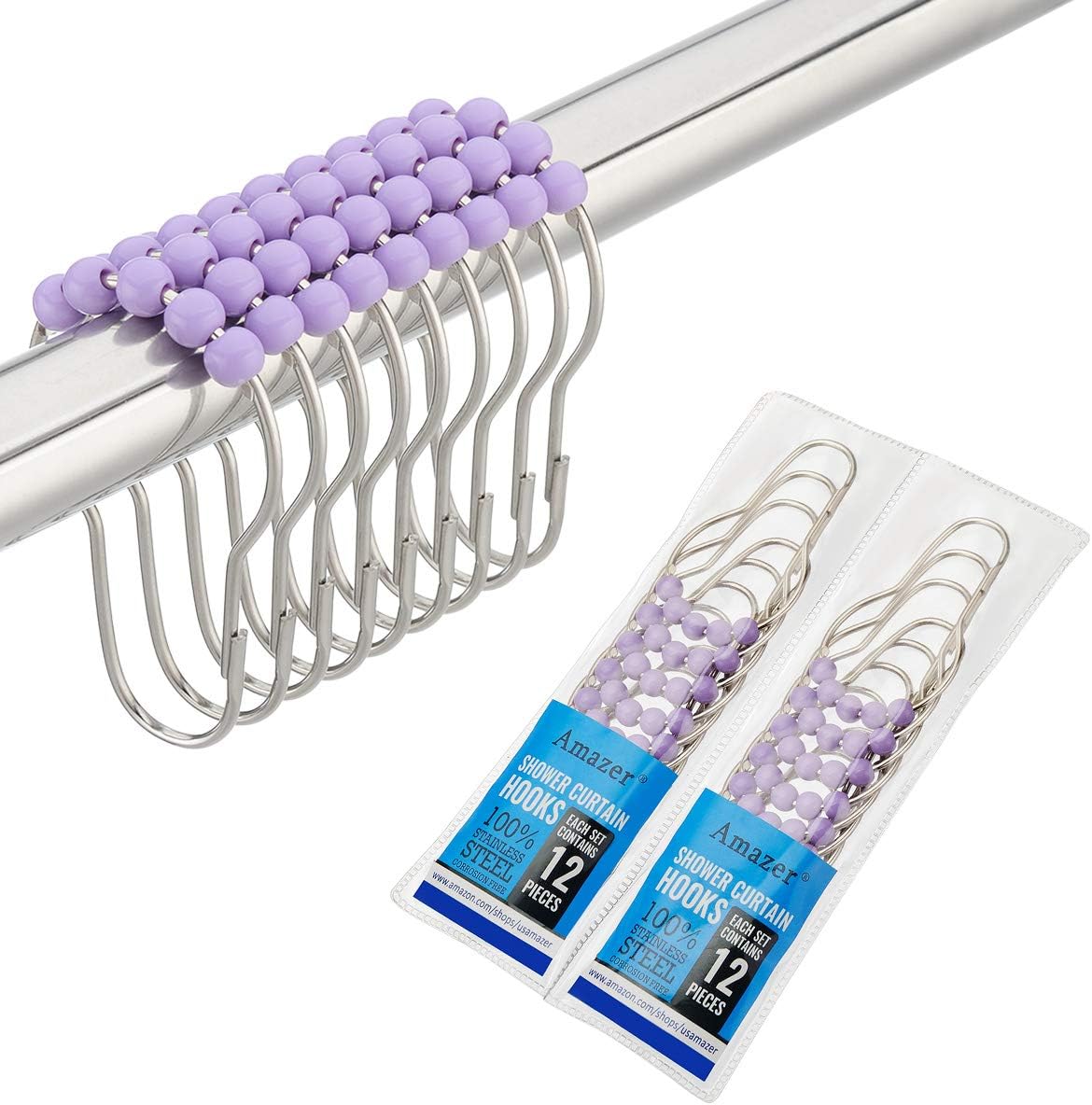Amazer 2 Pack Shower Curtain Hooks Rings, Stainless Steel Rust-Resistant Shower Curtain Rings and Hooks-Set of 24-Purple