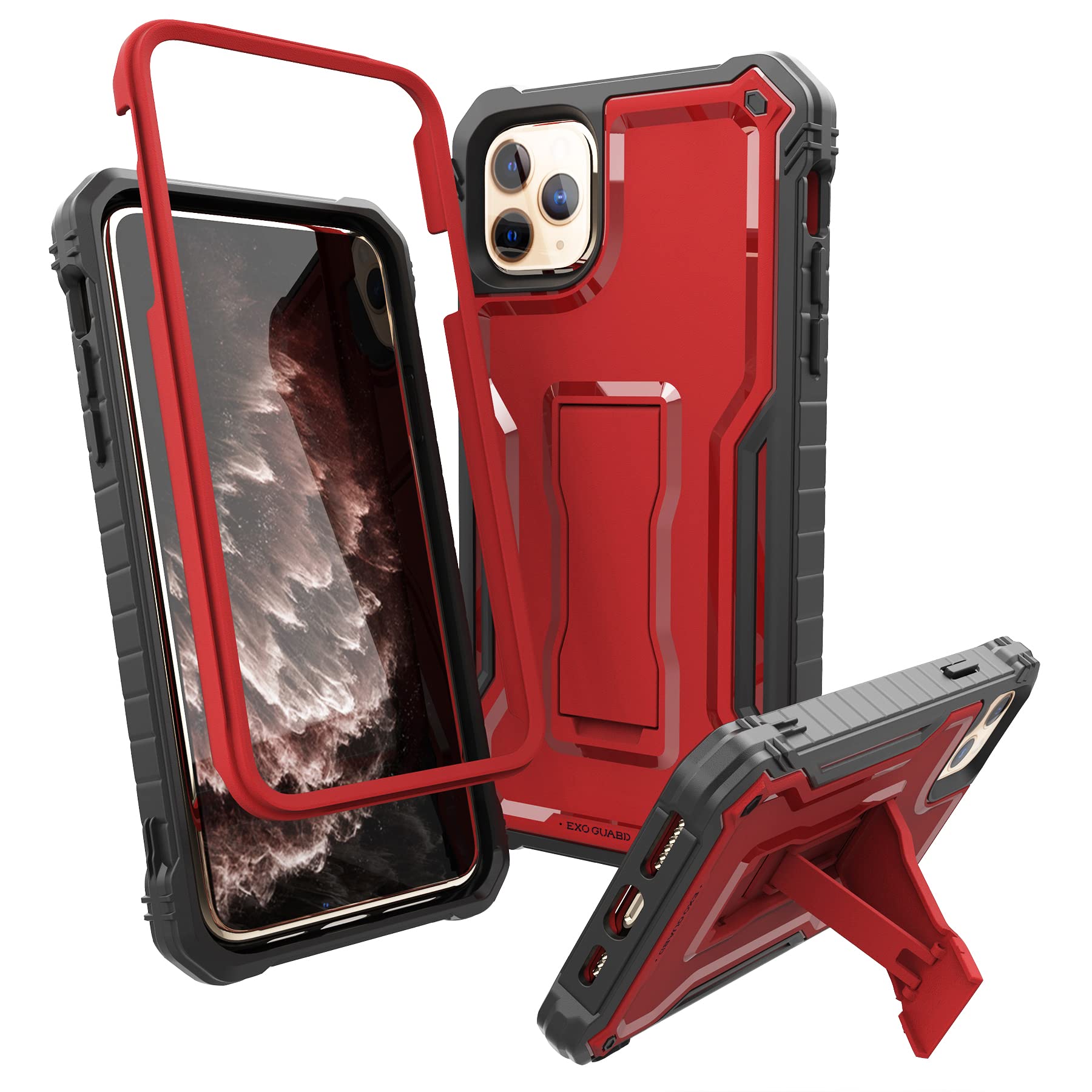 ExoGuard for iPhone 11 Pro Max Case, Rubber Shockproof Full-Body Cover Case Built-in Screen Protector with Kickstand for iPhone 11 Pro Max (Red)