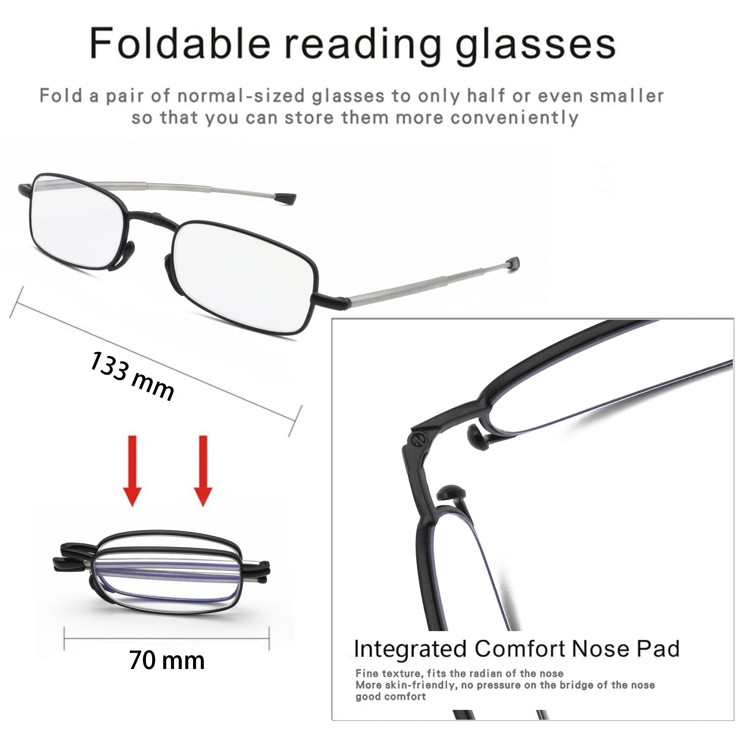 Lesebrille, faltbar, tragbar, faltbar, für Männer und Frauen, mit Etui, 2 Paar, Größe 1,50, Schwarz, Grau, 1.5