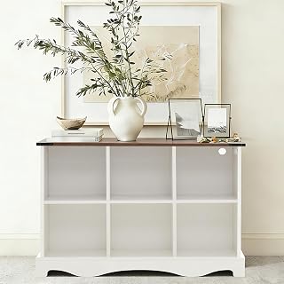 6 Cube Storage Organizer, Horizontal Cube Bookcase with LED Lights, Hallway TV Stand for Entryway, 11''x11'' Farmhouse Book Shelves for Living Room, Wood Display Bookcase Cabinet with Wide Top, White