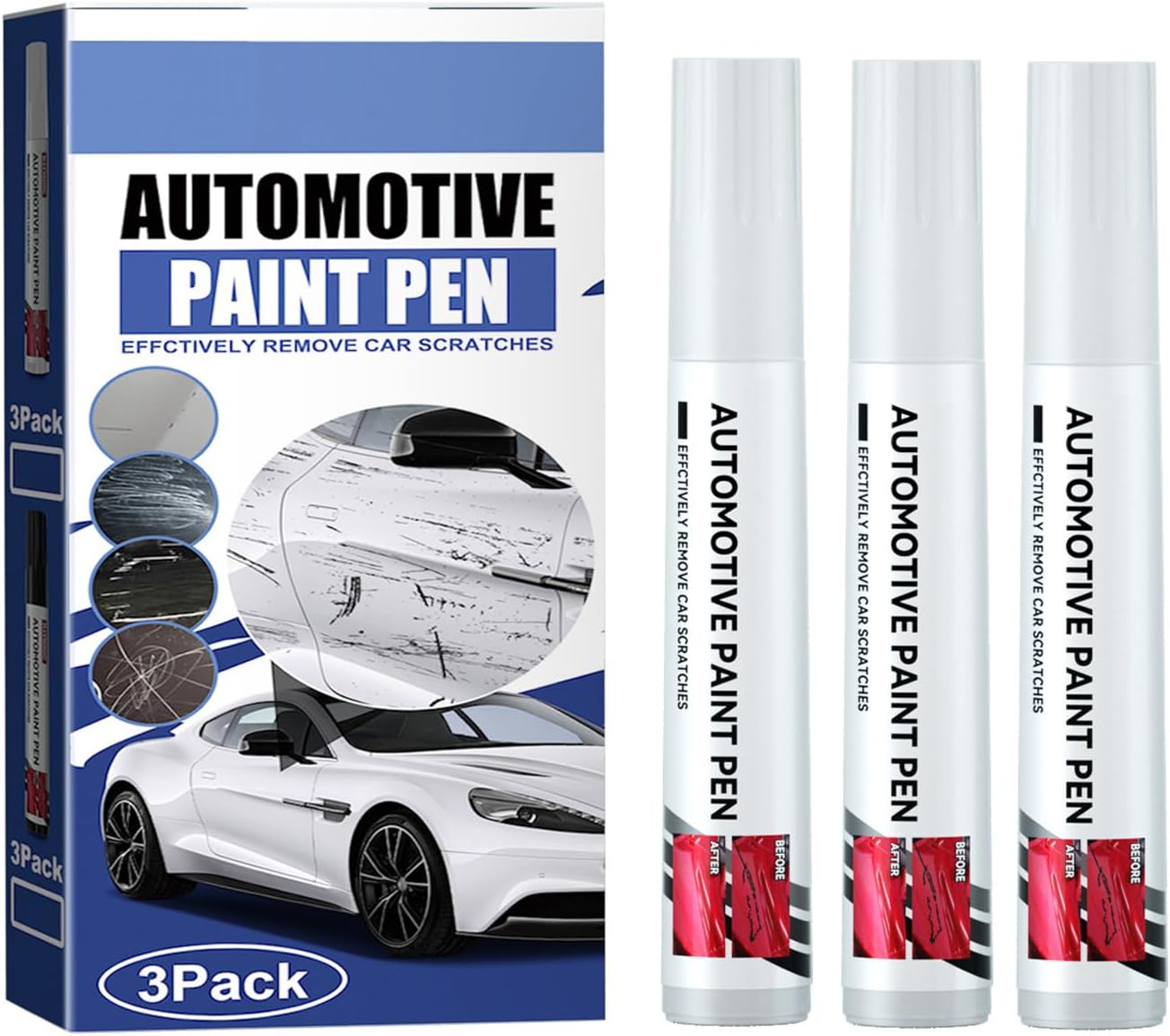 2 in 1 Car Touch Up Paint Pen Set (3 PCS) – Exact Color Match for Black & White Cars, Quick Fix for Scratches & Paint Damage, Waterproof, Quick Drying & Safe, Upgraded Soft Pen Tip (WHITE)