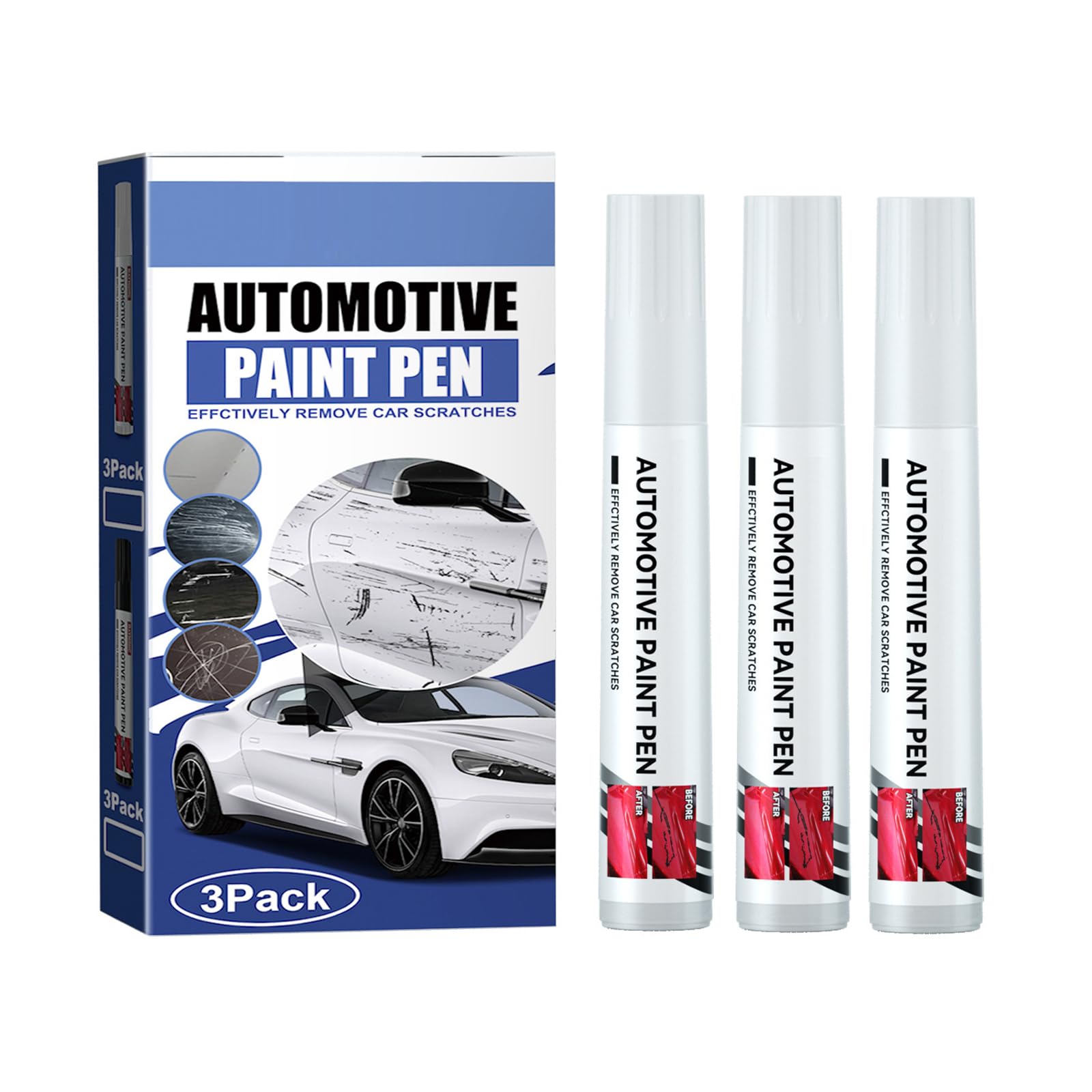 2 in 1 Car Touch Up Paint Pen Set (3 PCS) – Exact Color Match for Black & White Cars, Quick Fix for Scratches & Paint Damage, Waterproof, Quick Drying & Safe, Upgraded Soft Pen Tip (WHITE)