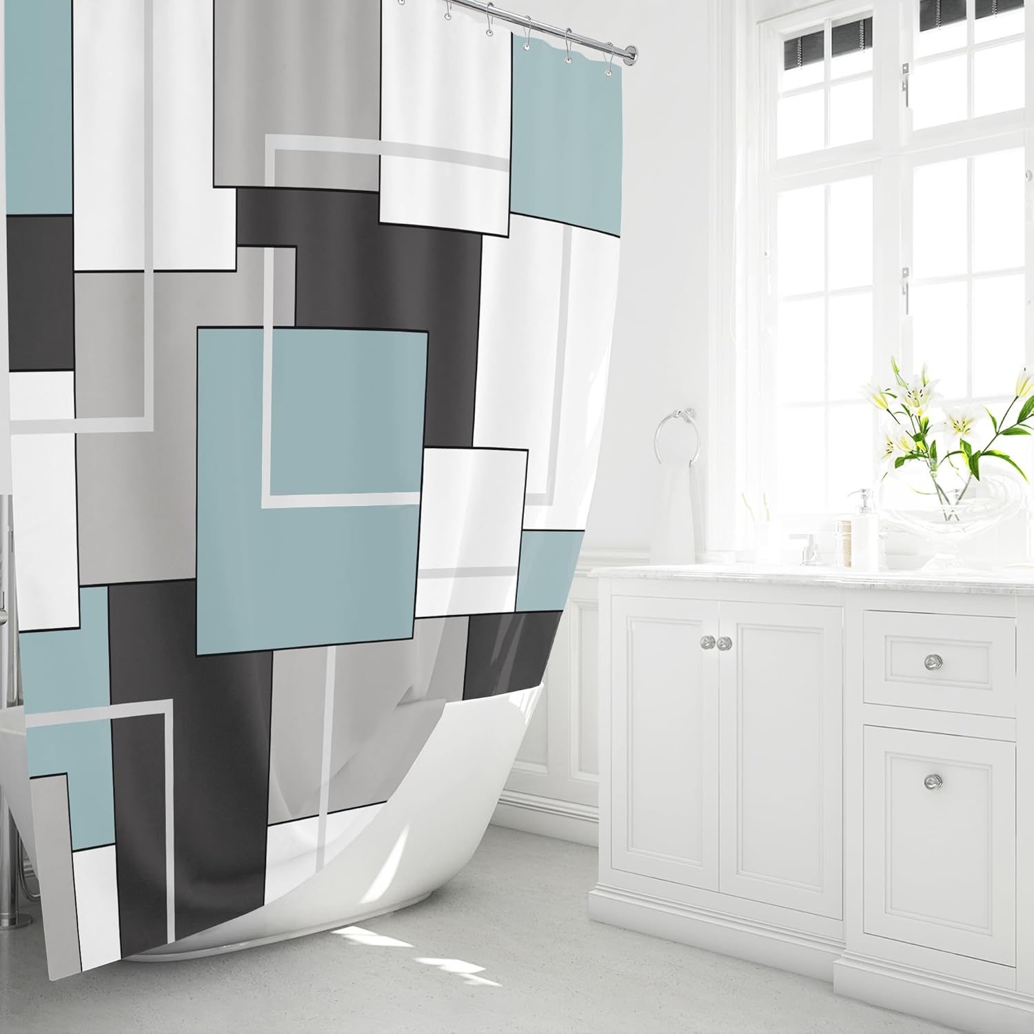 BTTN 78 Inch Long Shower Curtain, Tall Geometric Abstract Fabric Shower Curtain Set with Plastic Hooks, Large Modern Luxury Neutral Cloth Curtains for Bathroom Shower and Bathtubs - 72x78 - Fog Blue
