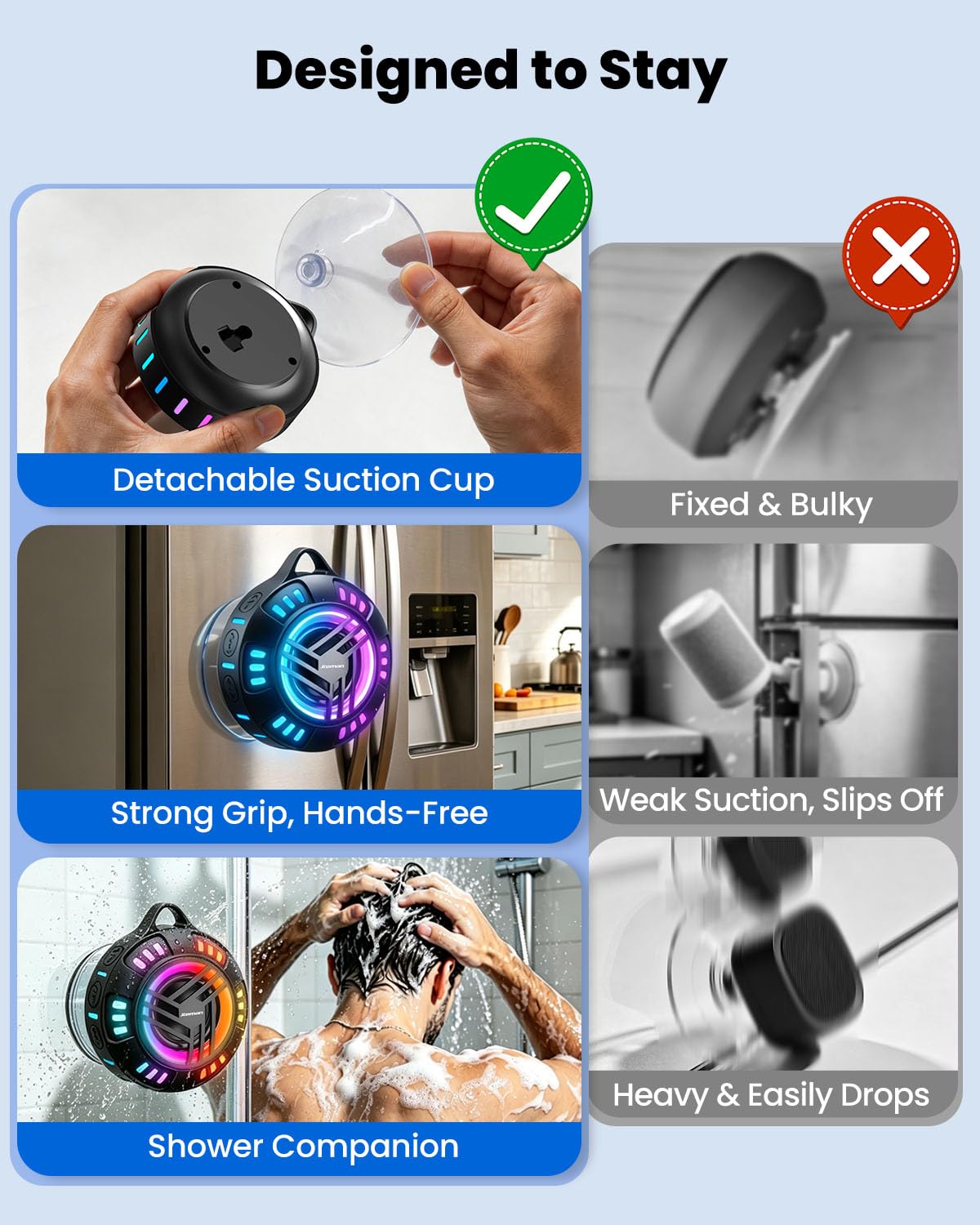 JTEMAN Altoparlante da doccia Bluetooth impermeabile portatile, IPX7, altoparlante esterno impermeabile con 7 modalità di luce LED, ventosa e moschettone, altoparlante wireless galleggiante per