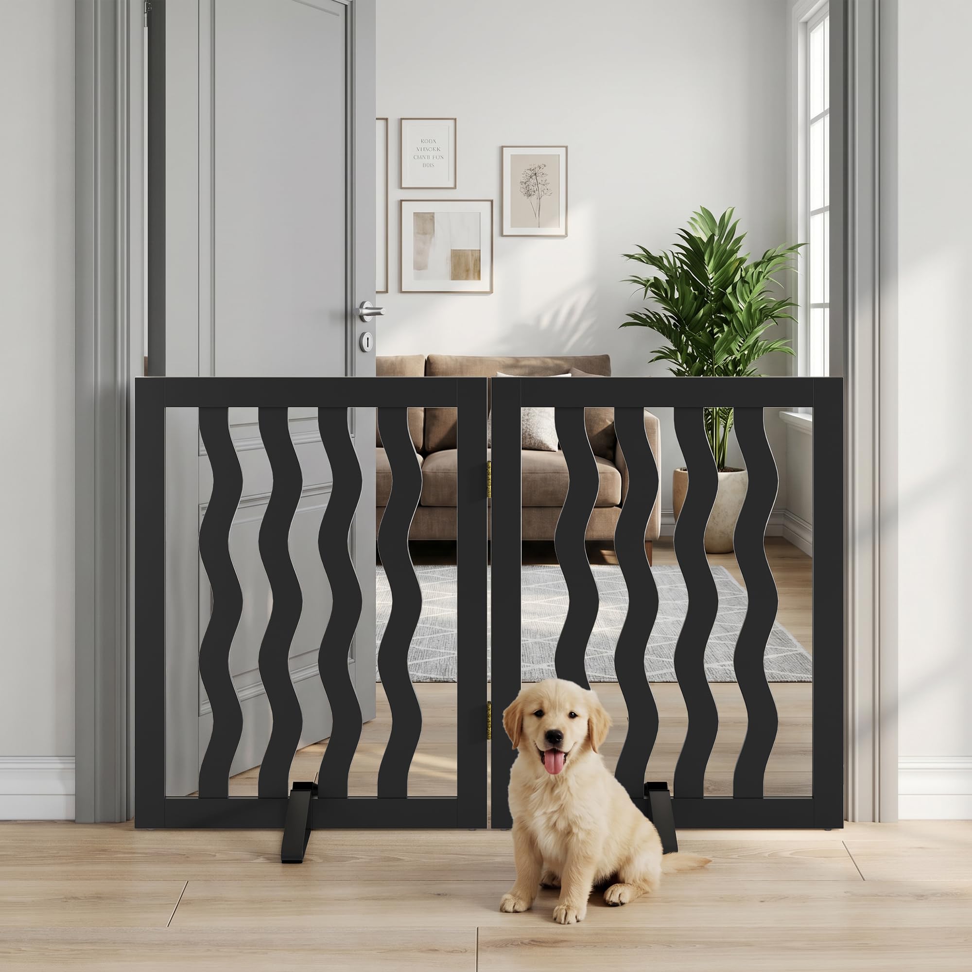 Dog Gate, Wavy Freestanding Dog Gates for Doorways 2 Panels (black)