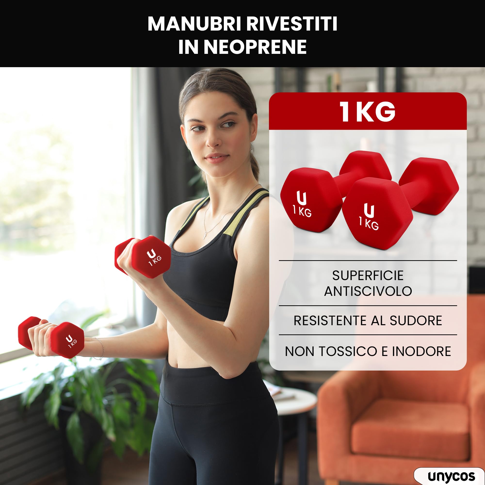 unycos - Coppia di Manubri【Ghisa/Neoprene】Esagonale da 1-10 kg, Set di Pesi Antiscivolo per Uomini/Donne, Palestra in Casa, Fitness, Allenamento della Forza, Include E-Book con 30 Esercizi