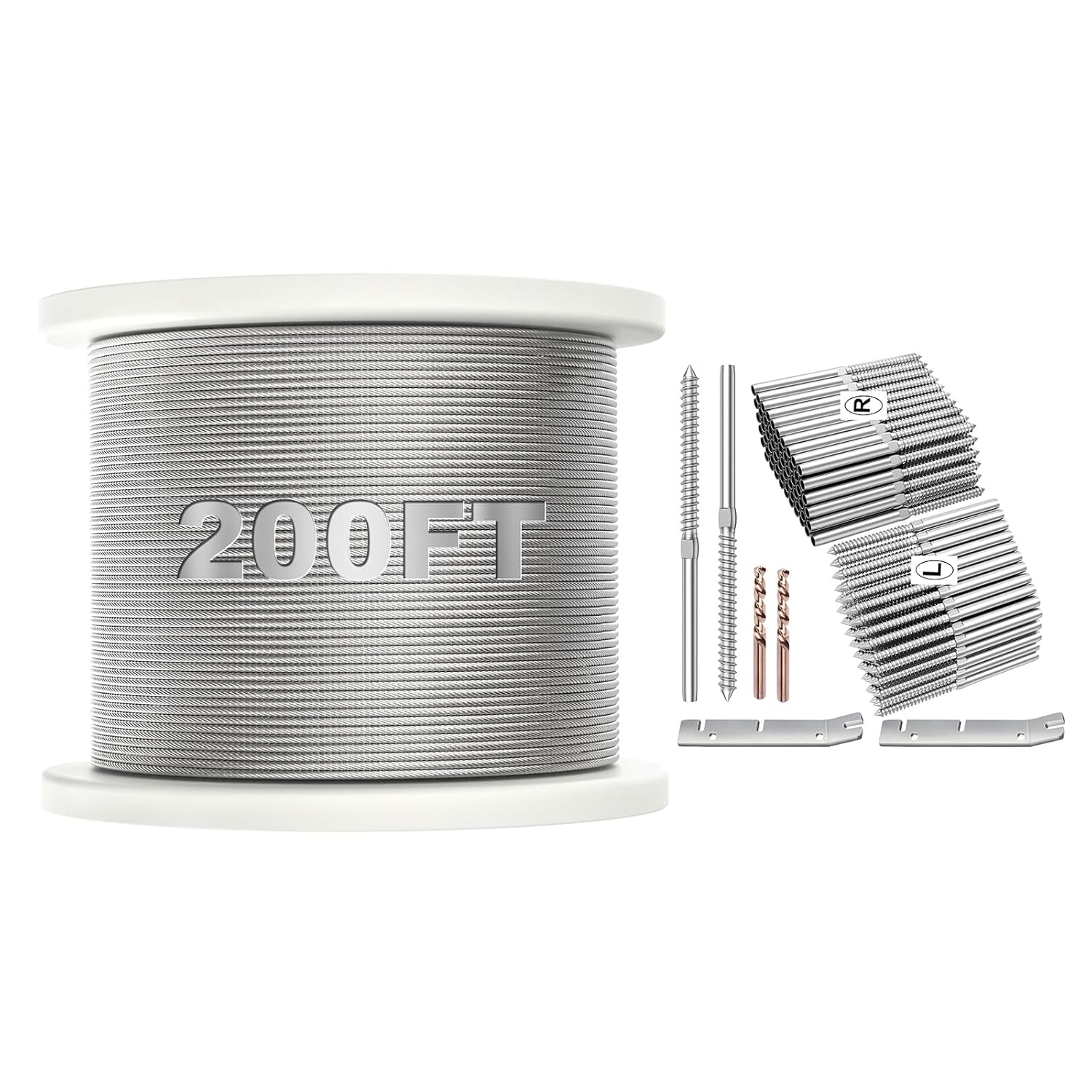 BLIKA 200FT 1/8" Deck Railing Cable and 120 Pack T316 Stainless Steel Right&Left Handed Thread Swage Lag Screws for Wood Posts