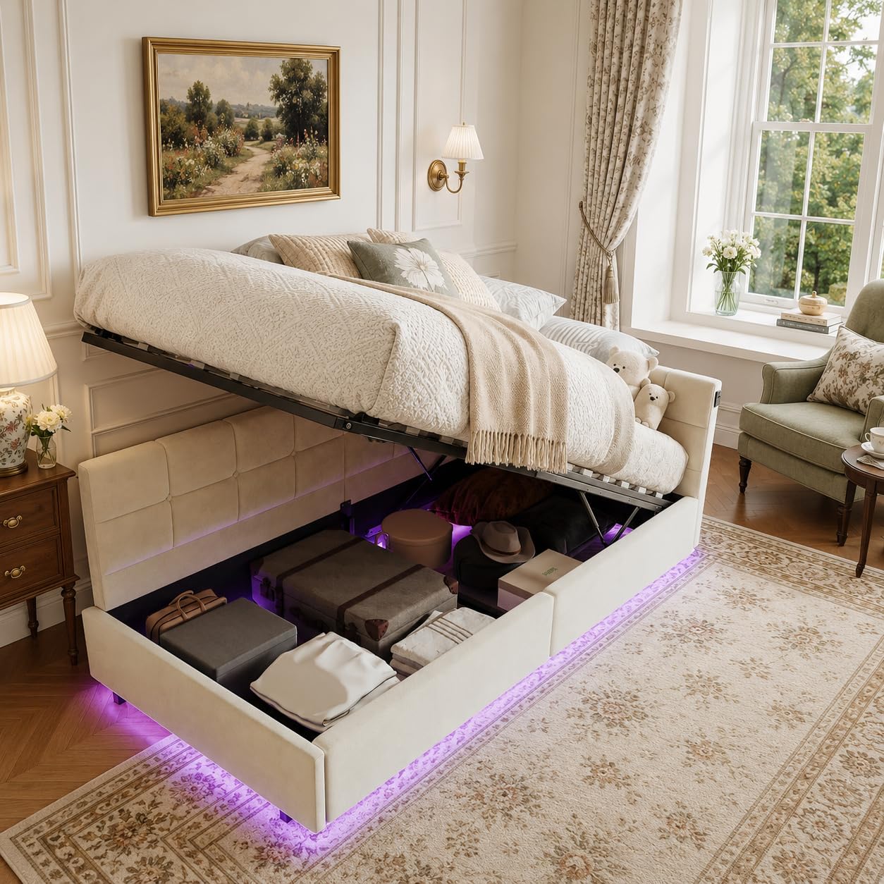 3FT Single Lift-Up Ottoman Bed With LED & USB, Storage Day Bed, Cream