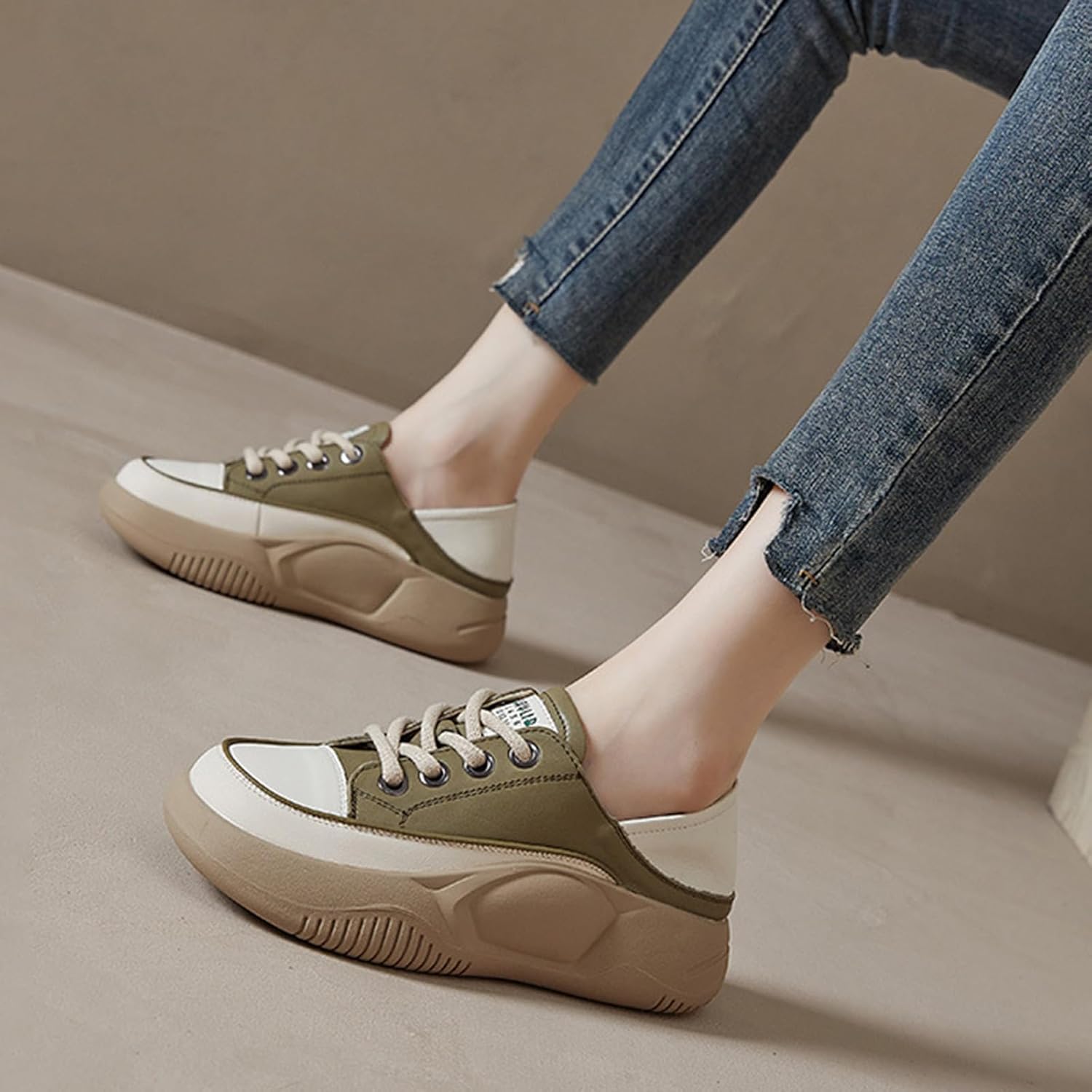 Women's Leather Lace Up Platform Sneakers,Comfortable Round Toe Increase Height Casual Walking Sport Shoes Fashion Breathable Slip-On Anti-Slip Running Sneakers - Image 9