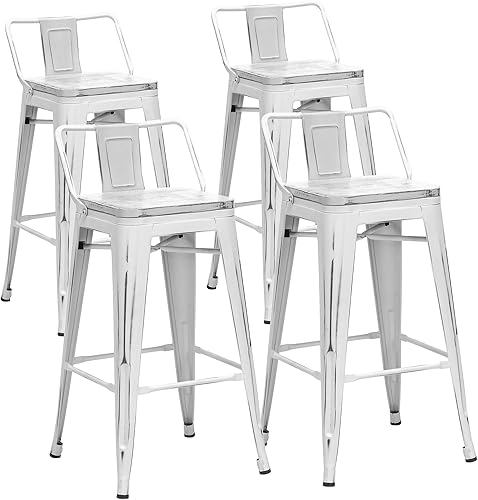 Aklaus Taburetes de bar de 26 pulgadas con respaldo bajo, juego de 4 taburetes de bar de metal industrial con asiento de madera, taburetes de altura