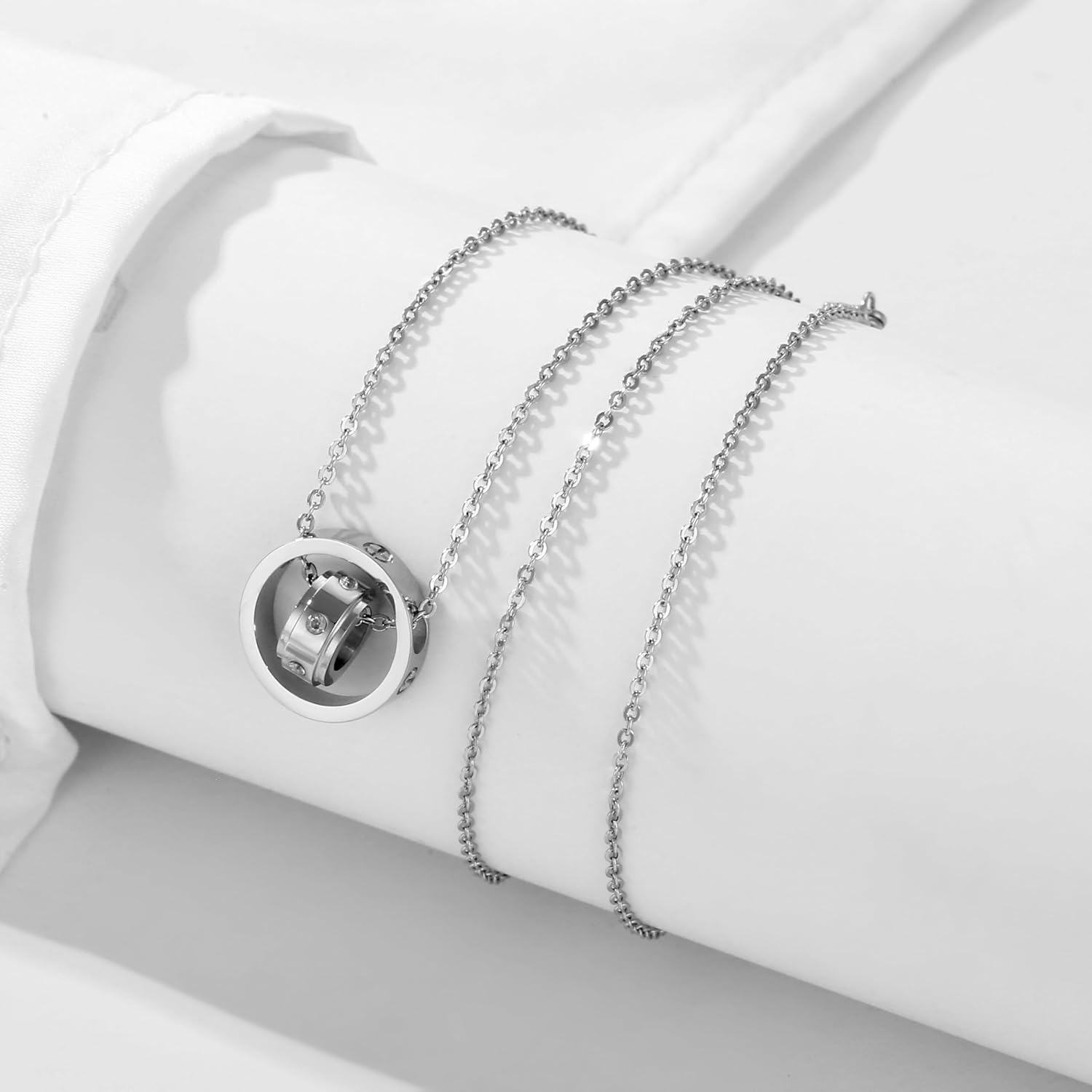 Women's Cubic Zirconia Round Necklace, 18K Gold Stainless Steel Heart-Shaped Double Ring Necklace, Suitable for Birthdays, Anniversaries, Valentine's Day, Mother's Day Gifts - Image 4