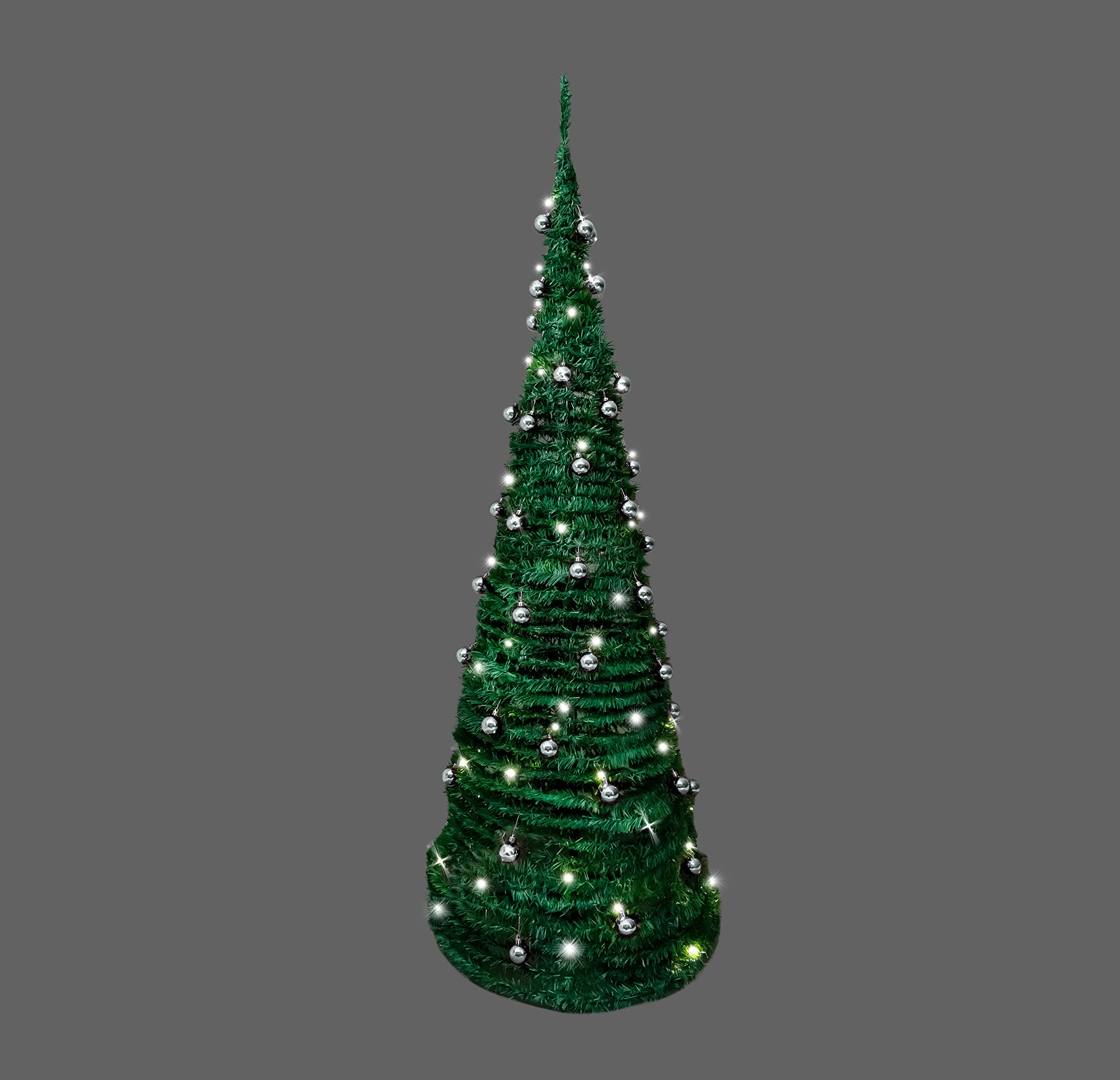6Ft/180cm Prelit Pre Decorated Pop up Christmas Tree Xmas Home Indoor LED Warm White Lights Silver Baubles Decorations Battery Operated