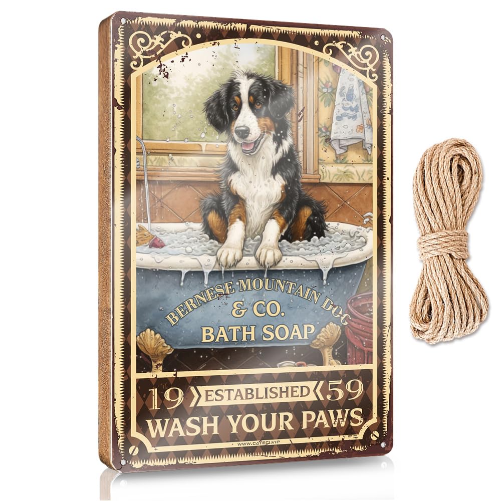 MAHQPZXSF Bathroom Hanging Decor Bernese Mountain Dog Bath Soap Wash Your Paws Wooden Sign Spring Door Decorations Vintage Bathroom Sign(15X28CM)