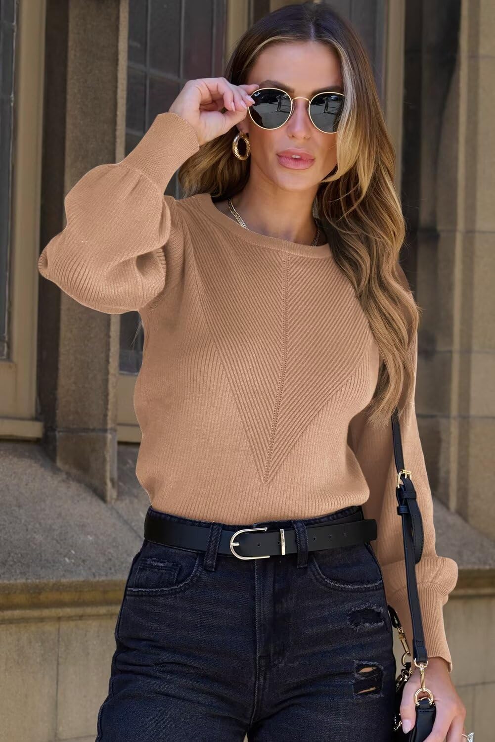 Dokotoo Womens Ribbed Knit Long Lantern Sleeves Sweater Crewneck Casual Slim Fit Pullover Jumper Tops - Image 5