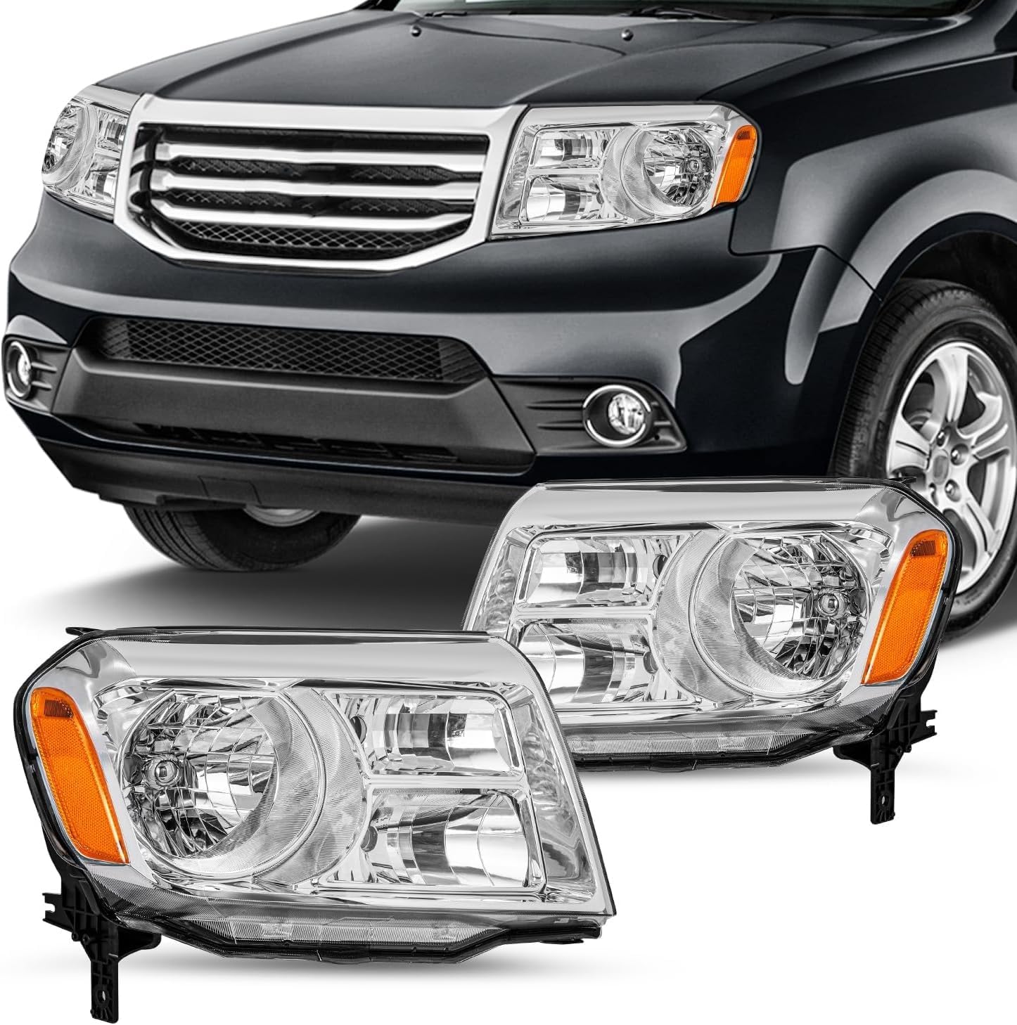 JSBOYAT- For 2012-2015 Honda Pilot [Halogen Type] OEM Headlight Headlamp Assembly Replacement Pair (Chrome Housing with Amber Reflector)