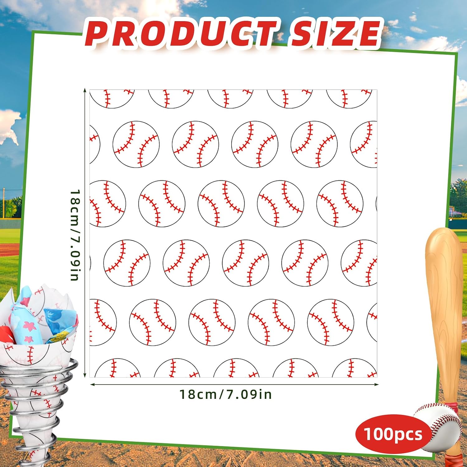 100pcs Greaseproof Sandwich Paper Wraps, 18x18cm/7.1x7.1in (Baseball)