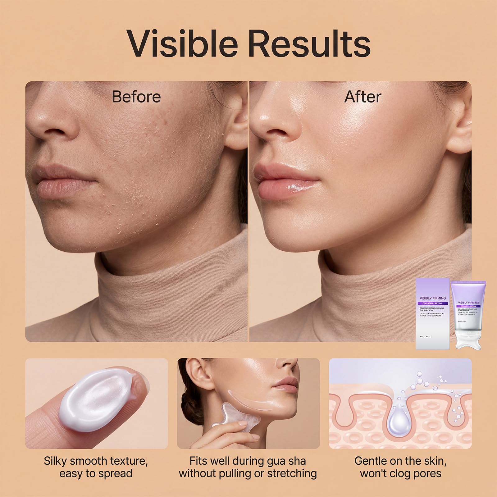 Retinol-Kollagen-Straffende Gesichtscreme mit integriertem Gua-Sha-Massagegerät, Anti-Aging-Feuchtigkeitscreme, Sofort-Straffungs- und Anti-Falten-Creme, Glättende und feuchtigkeitsspendende (5PCS)