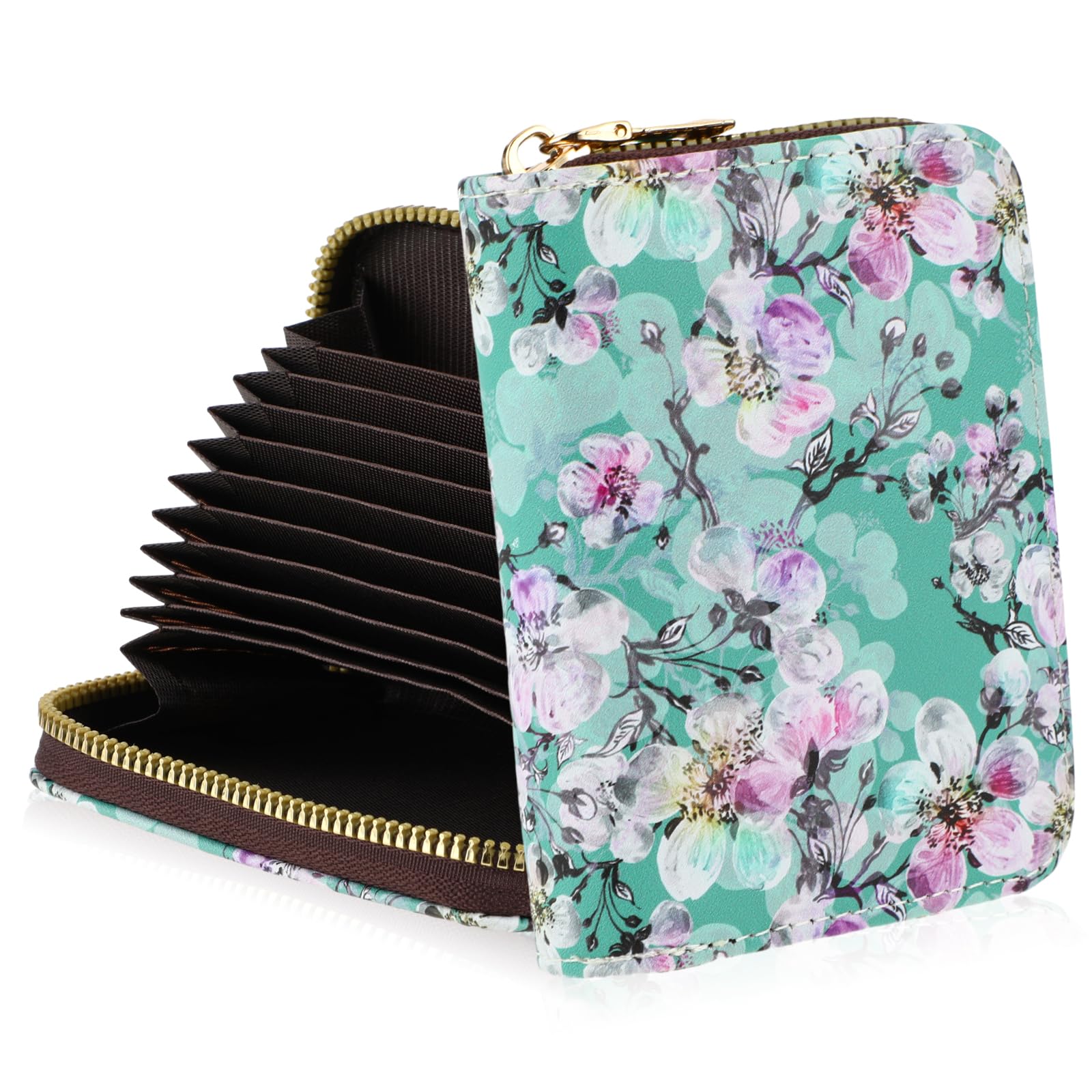 RFID Blocking Card Wallet, Women's Compact PU Leather Credit Card Holder with Zipper Coin Pouch, Floral Design, Turquoise