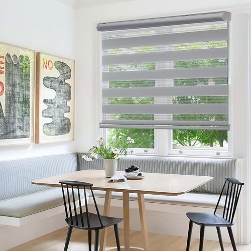 Miniatura 7 de MYshade Persianas enrollables de doble capa con diseño de cebra para ventanas interiores, sin cordones, filtro de luz diurna y nocturna, fáciles de