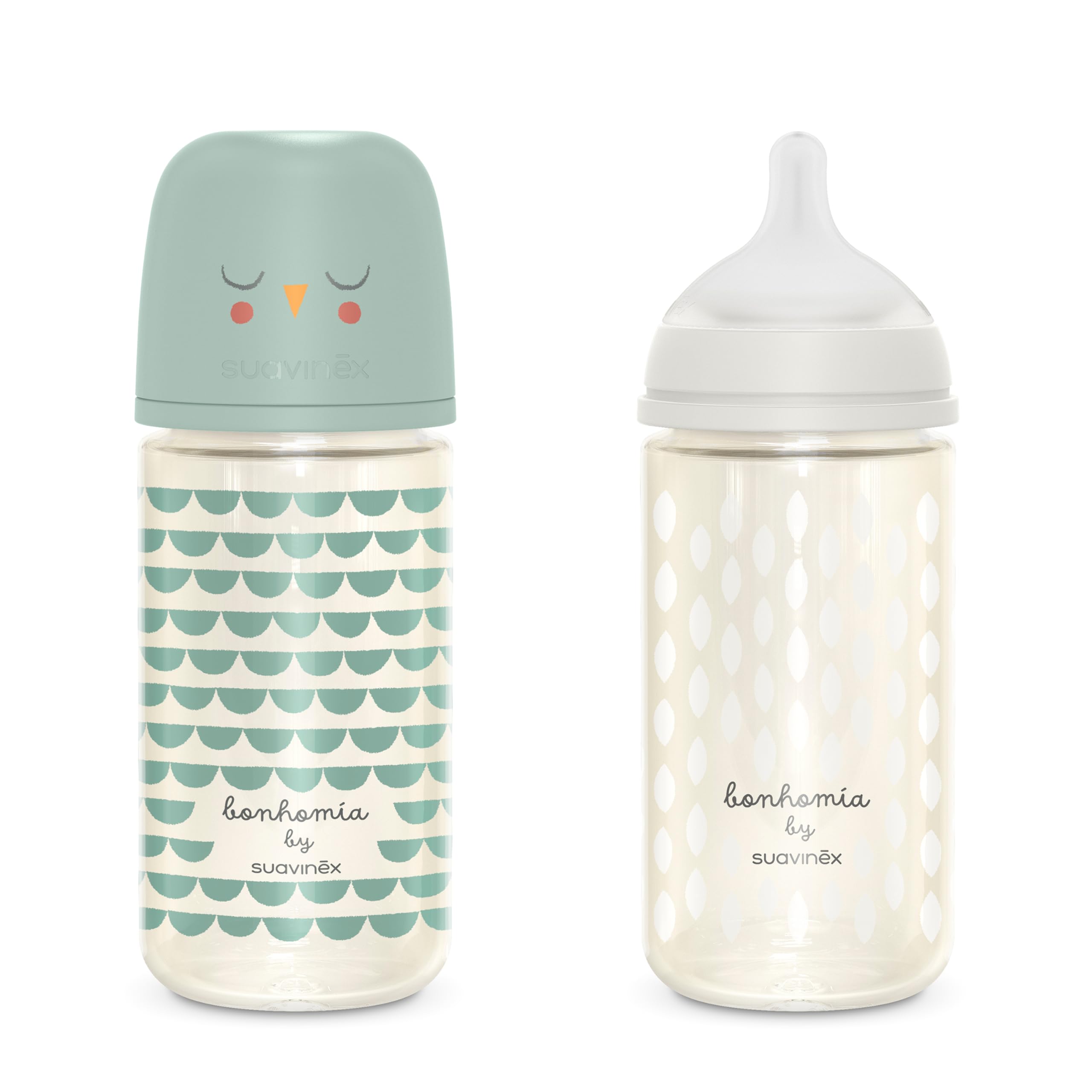 Suavinex, Confezione Biberon in Vetro da 240 ml. Biberon con tettarella simmetrica in silicone SX Pro flusso medio (M), anticoliche, per bambini +3 mesi, Bonhomia rosa, grigio